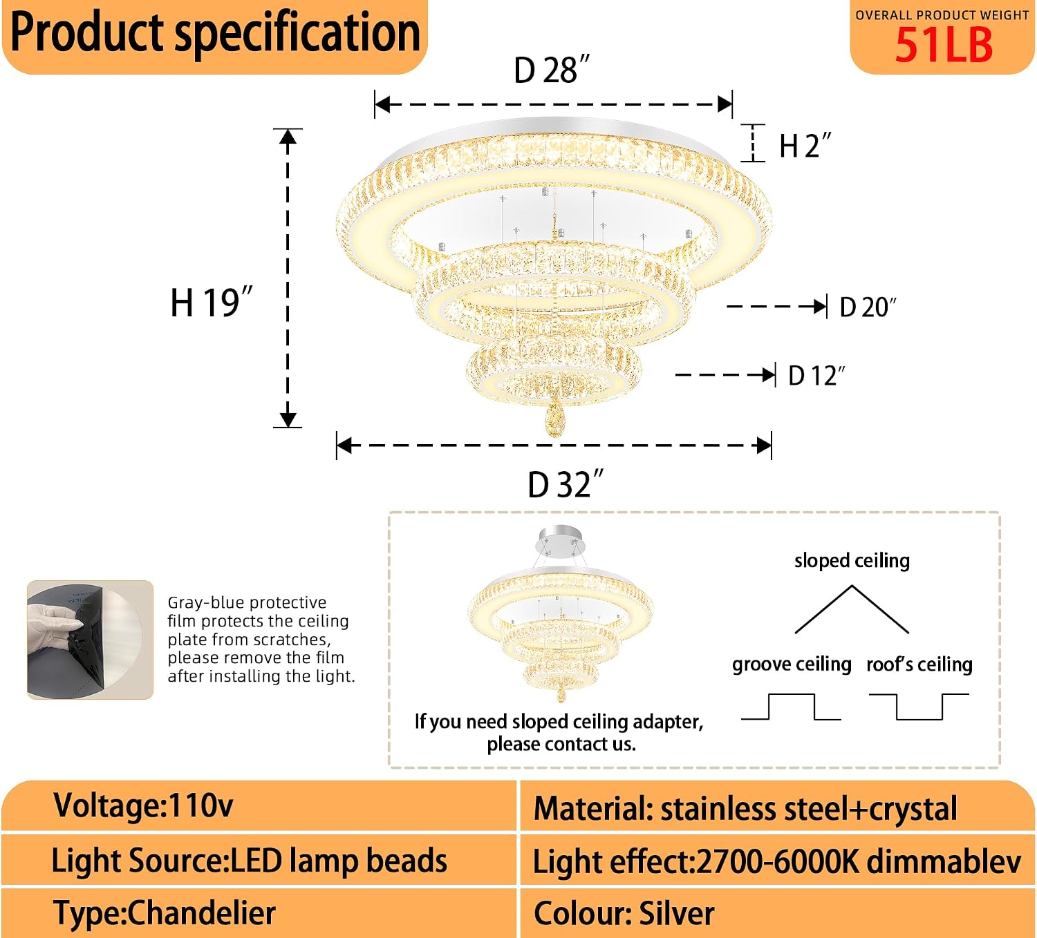 Glam Crystal Ring Chandeliers for Living Room Silver 32in Modern Led Flush Mount Chandelier with K9 Crystal Raindrop