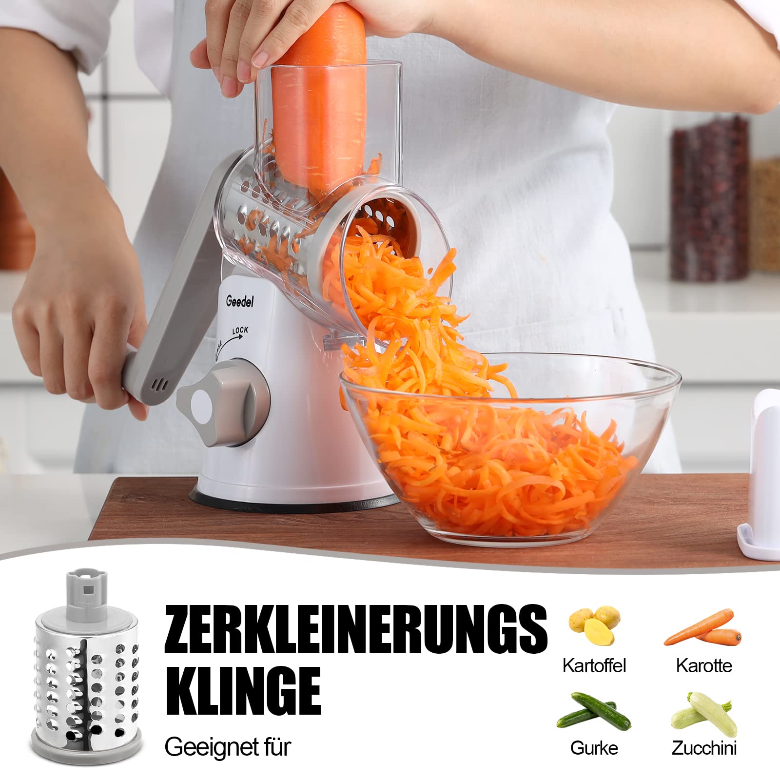 Käsereibe, Reibe für Gemüse mit 3 Trommelblättern, Trommelreibe Schnelleres und Einfaches Schneiden, Gemüseschneider Ideal für Käse, Gurken, Karotten, Nüsse usw