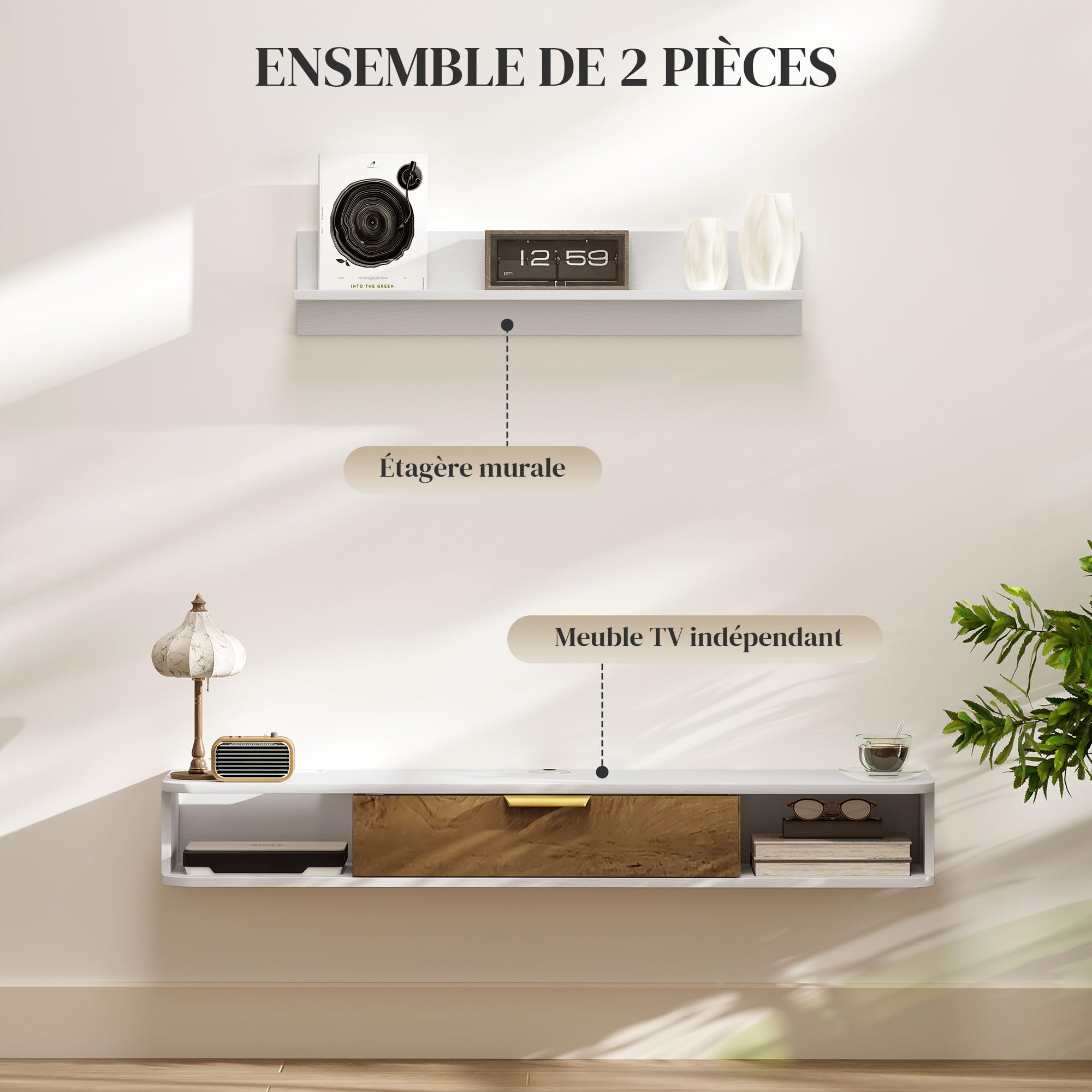 HOMCOM Ensemble Meuble TV Suspendu Passe-Câbles 120 x 24 x 16 cm Blanc