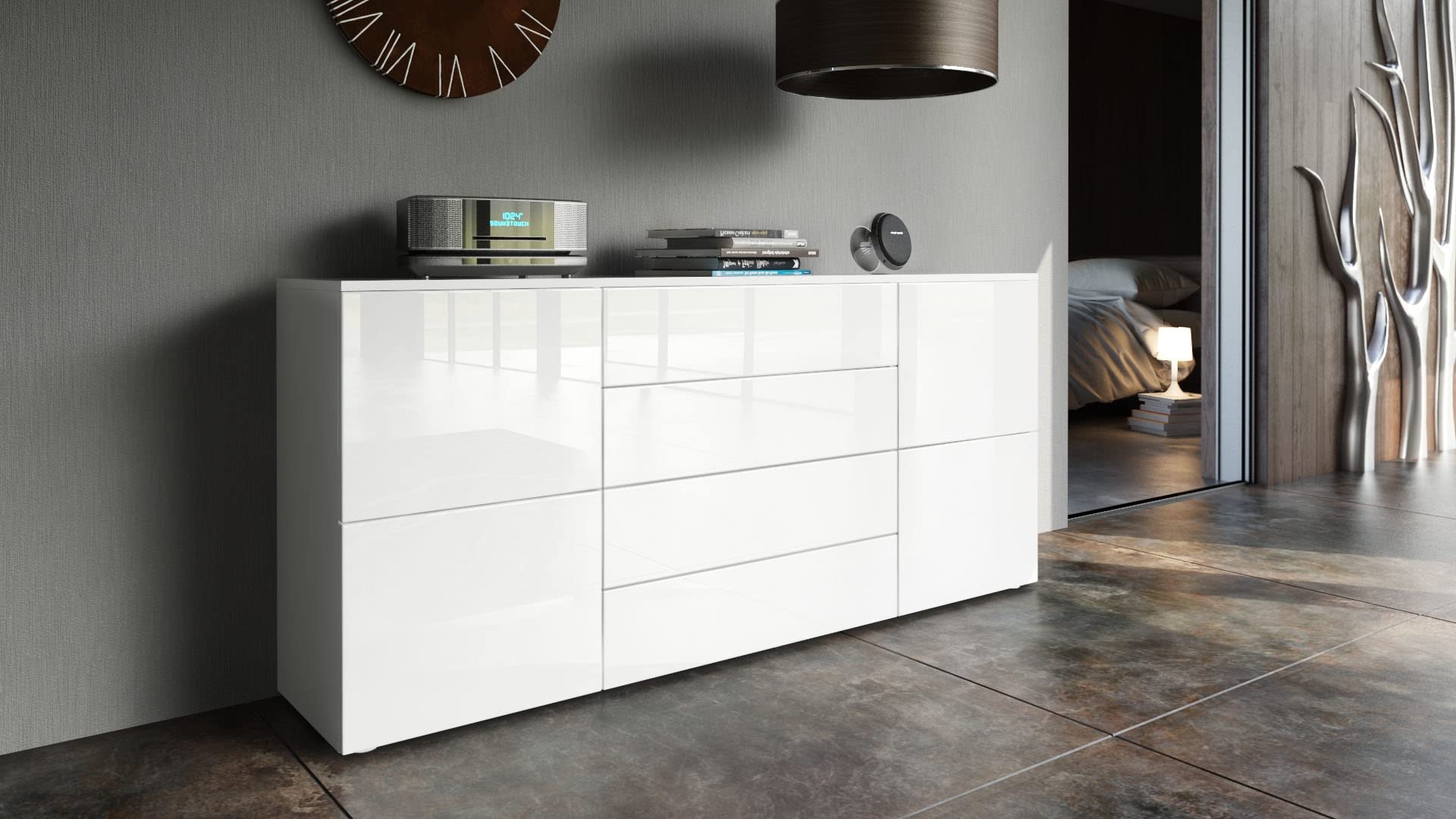 Vladon Buffet Rova, Commode avec 4 Portes et 4 tiroirs, Blanc Mat/Blanc Haute Brillance (166 x 72 x 35 cm)