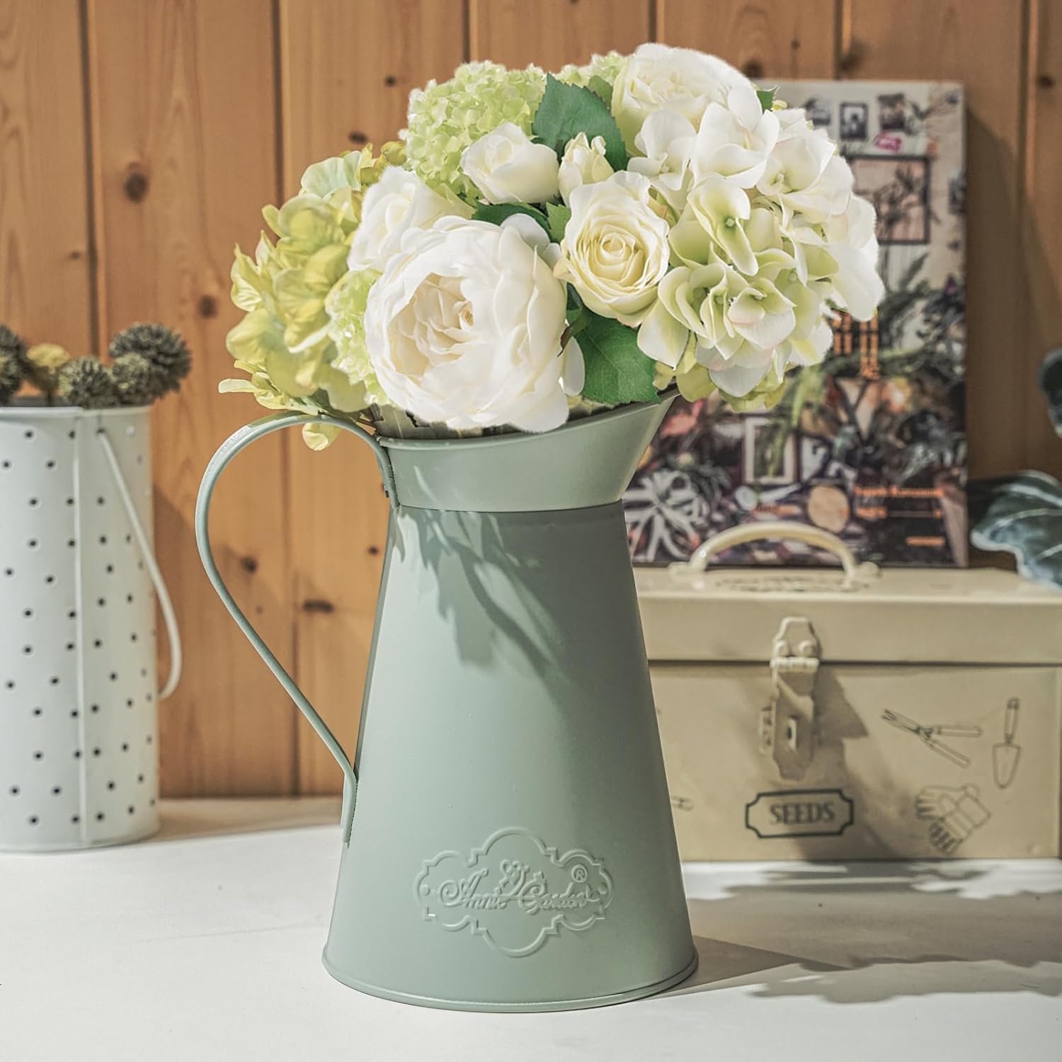Rustic Metal Farmhouse Flower Pitcher Vase, Large Leakproof Milk Jug Vase for Home Decor, Green