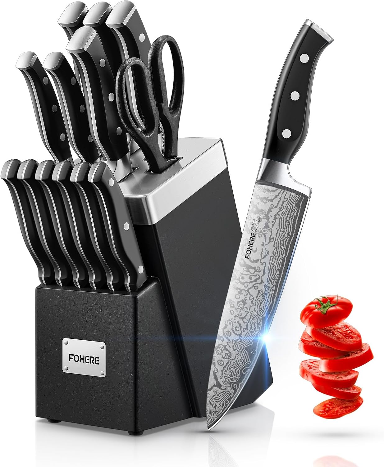 Knife Set, FOHERE 14 Pieces Self Sharpening Knife Block Set, High Carbon Stainless Steel Waved Pattern Knife Set with Block, Rust & Stain Resistant Kitchen Knives and Triple Riveted Handle, Black