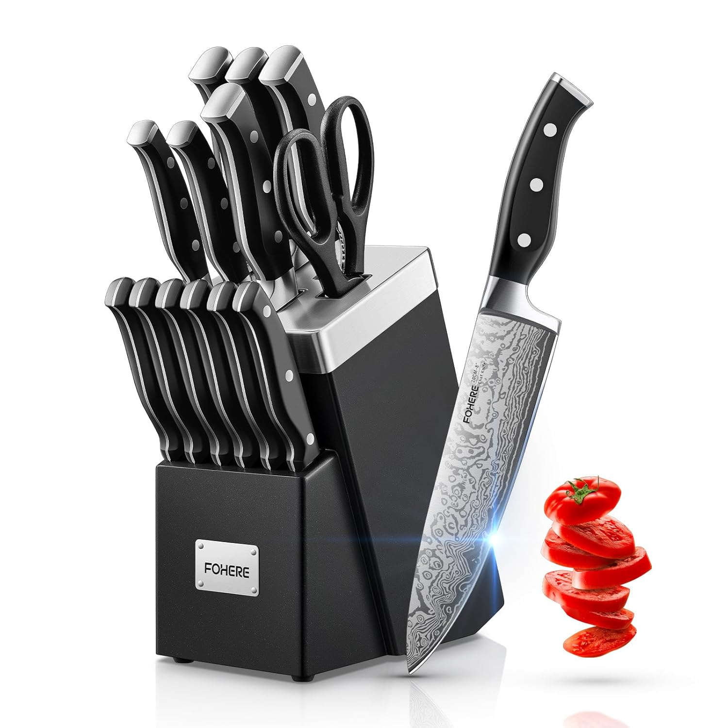 Knife Set FOHERE 14 Pieces Self Sharpening Knife Block Set High Carbon Stainless Steel Waved Pattern Knife Set