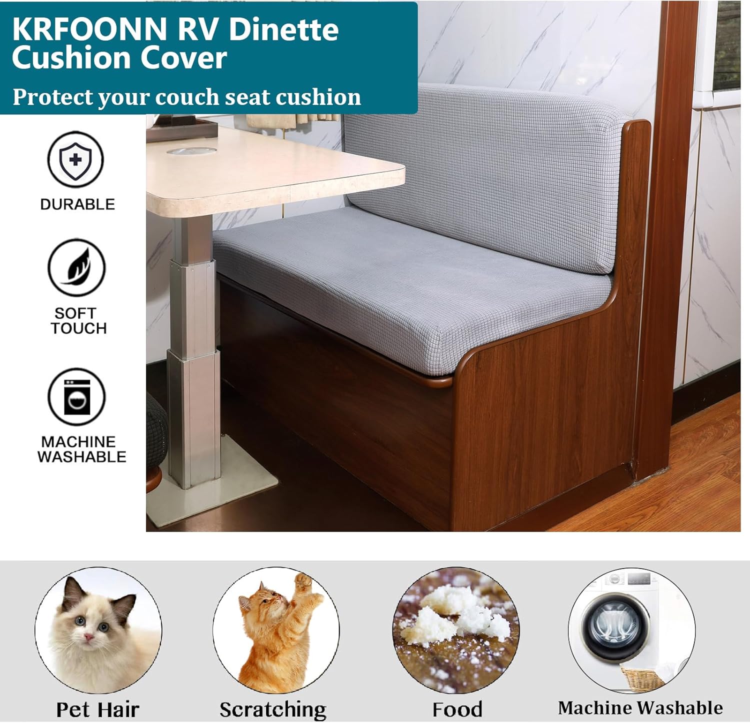 KRFOONN RV Dinette Cushion Covers - Stretch Camper Cushions Replacement Couch Cushion Slipcovers (Washable, Loveseat, Travel Trailer Couch) - 2 Backrest & 2 Bench Covers, Light Gray