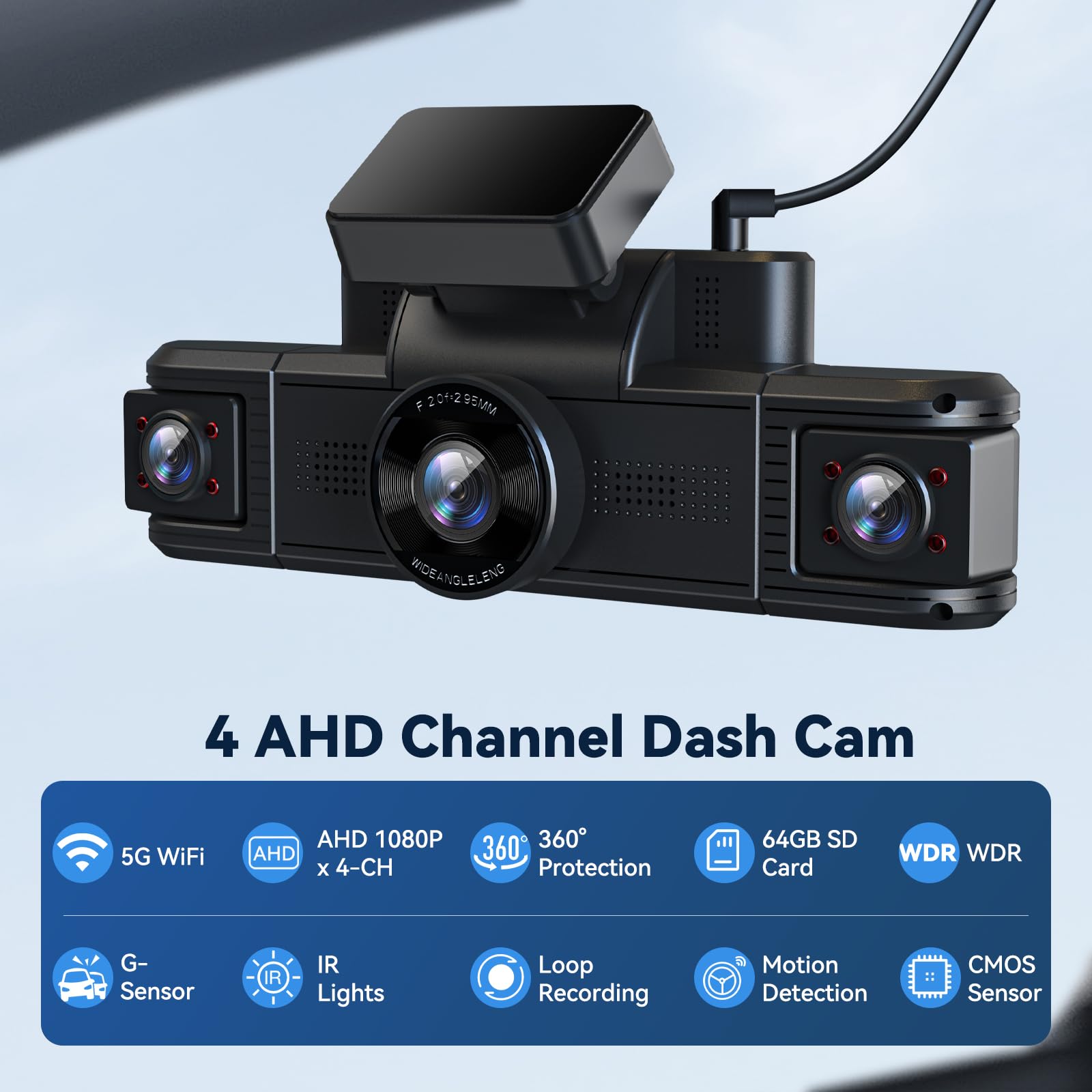 4 Kanal Dashcam Auto Vorne Hinten 4K+1080P mit WiFi,Dash Cam Auto Kamera 3" IPS Bildschirm,Kostenlose 64 GB Karte,Nachtsicht,G Sensor,Loop-Aufnahme,APP Steuerung,170°Weitwinkel WDR