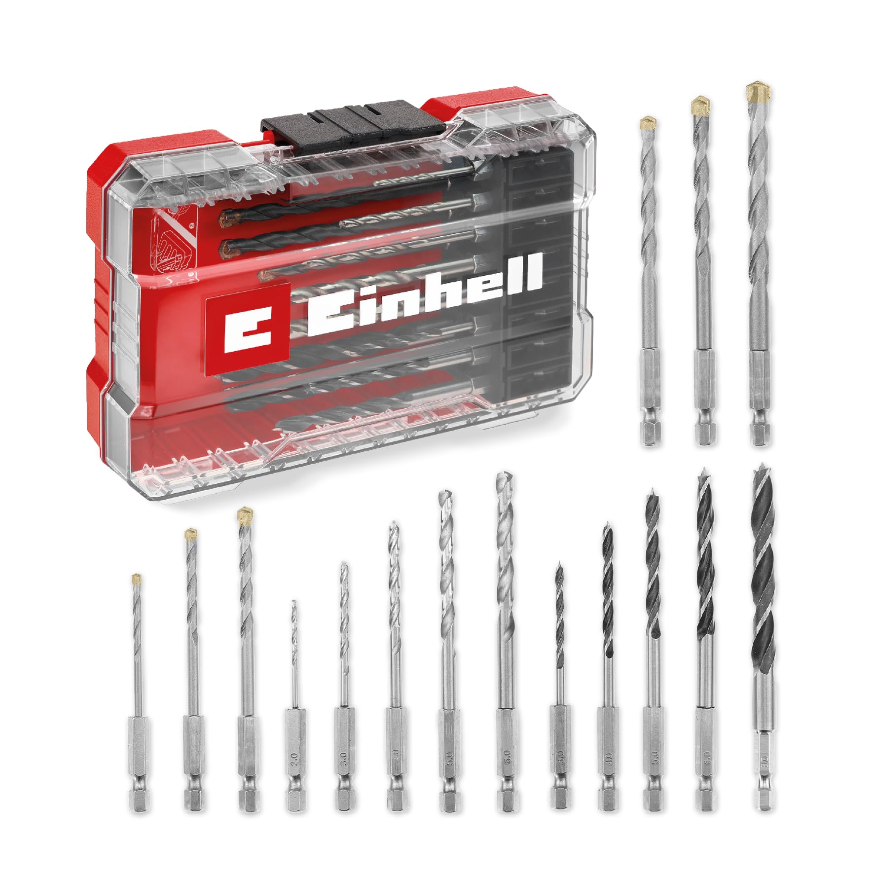 Original Einhell M-CASE 16-piece drill bit set (wood drill bits, stone drill bits and metal drill bits with E 6.3 shank for cordless screwdrivers and power drills incl. storage box)