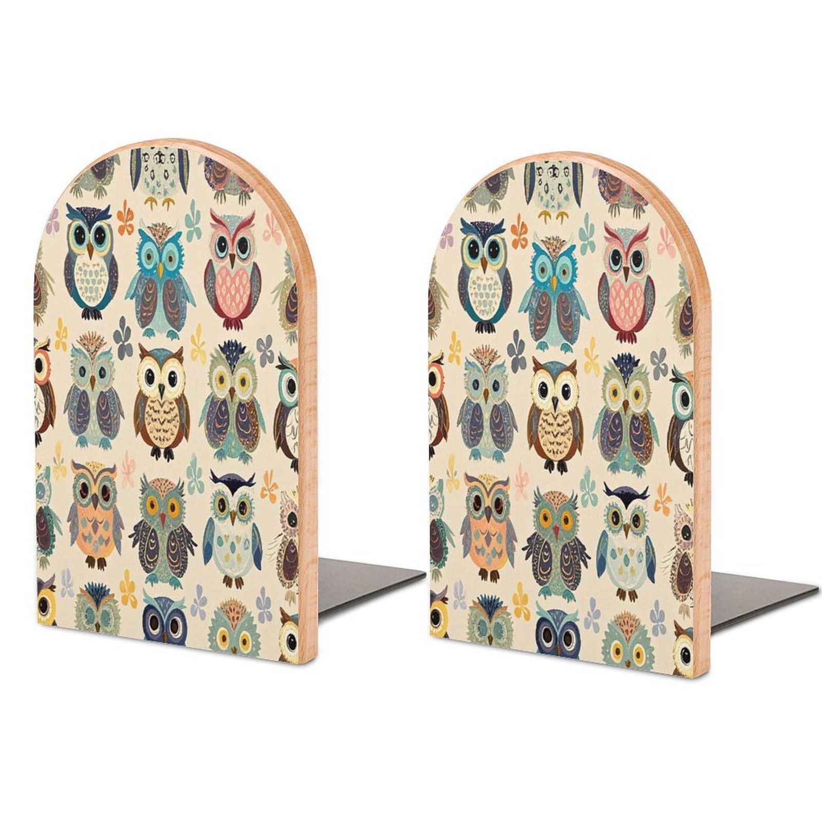 Color Owl Pattern Bookend Non-Skid Wooden Bookends for Shelves Heavy Duty Wood Book Ends Decorative Book Stopper Book Stand Non-Slip Book Organizer for Home Office Library