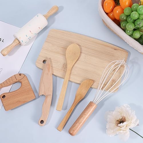 Miniatura 7 de Juego de 7 cuchillos de madera para niños pequeños, tabla de cortar y cuchillos para cocina real, herramientas de cocina Montessori para niños