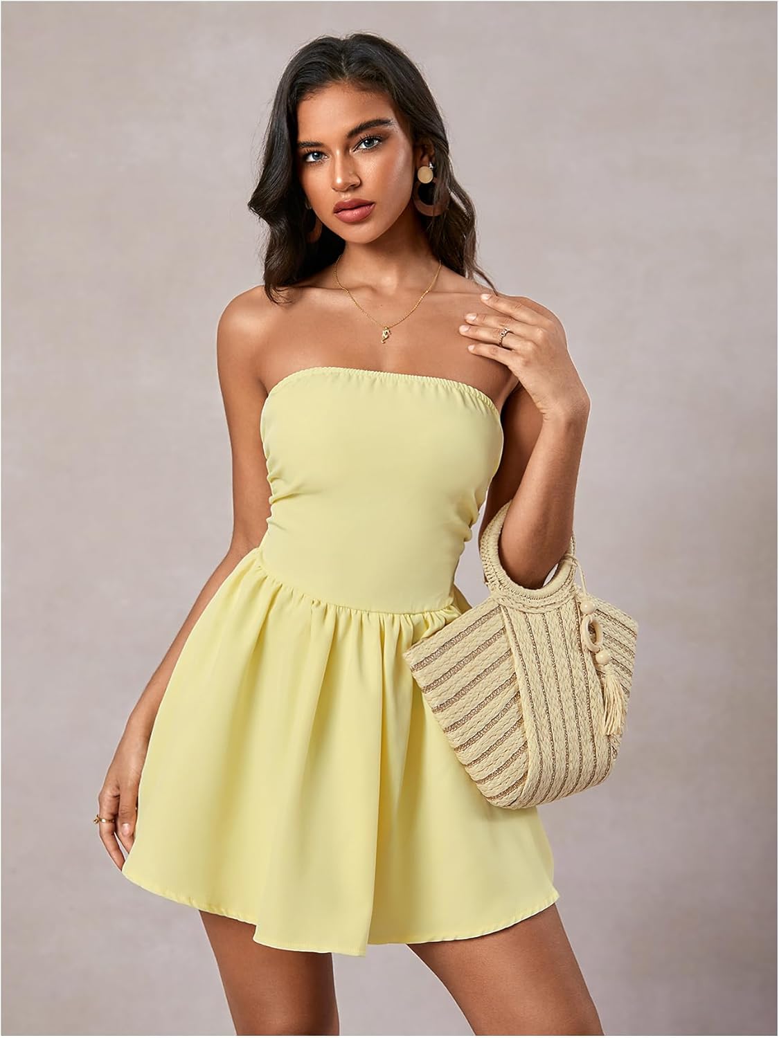 MakeMeChic Women's Summer Elegant Strapless Mini Dress with Bow Ruched Ruffle A Line Bandeau Party Mini Dress - Image 4