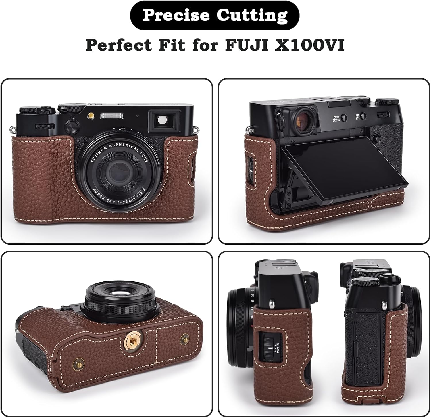 VOVMOEYA X100VI Leather Half Case with Strap - Brown