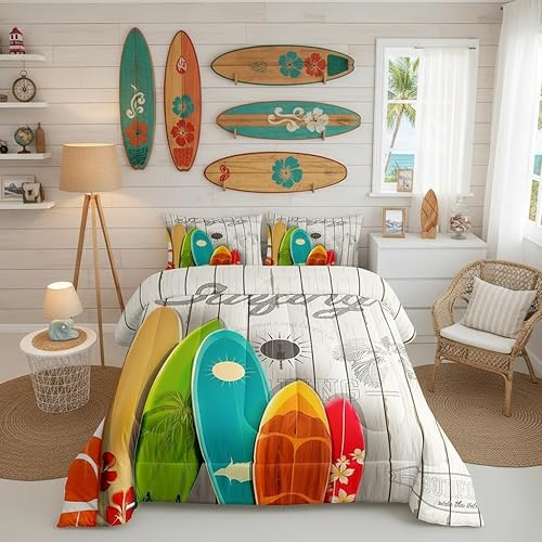Colorful Surfing Comforter Set Queen Size for Kids Teens Adults Home Room Decor,