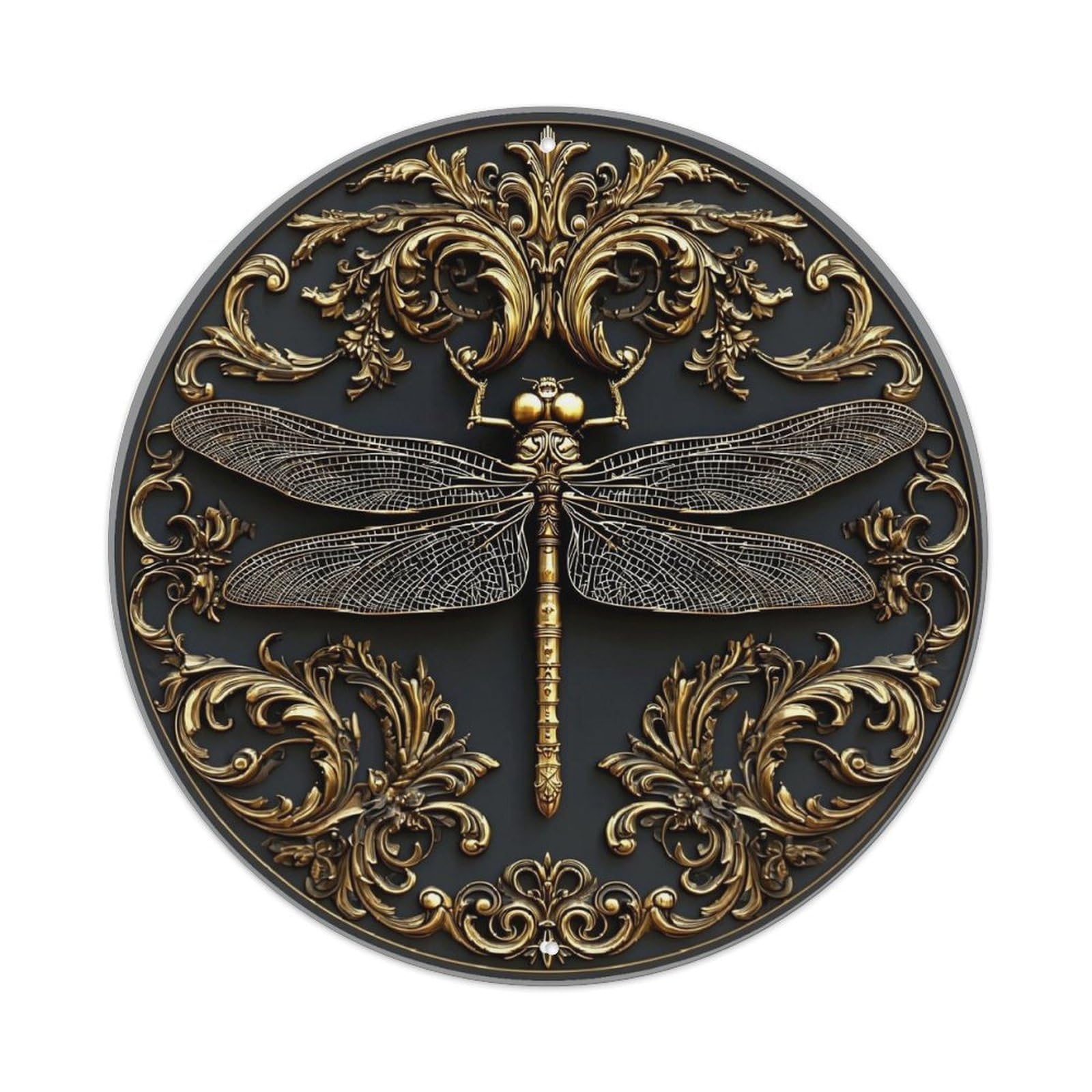 Dragonfly Ornate Gold Black Circular Round Metal Tin Sign Vintage Wall Decor, Bar Garage Cafe Kitchen Home Wall Art Poster 8x8inches