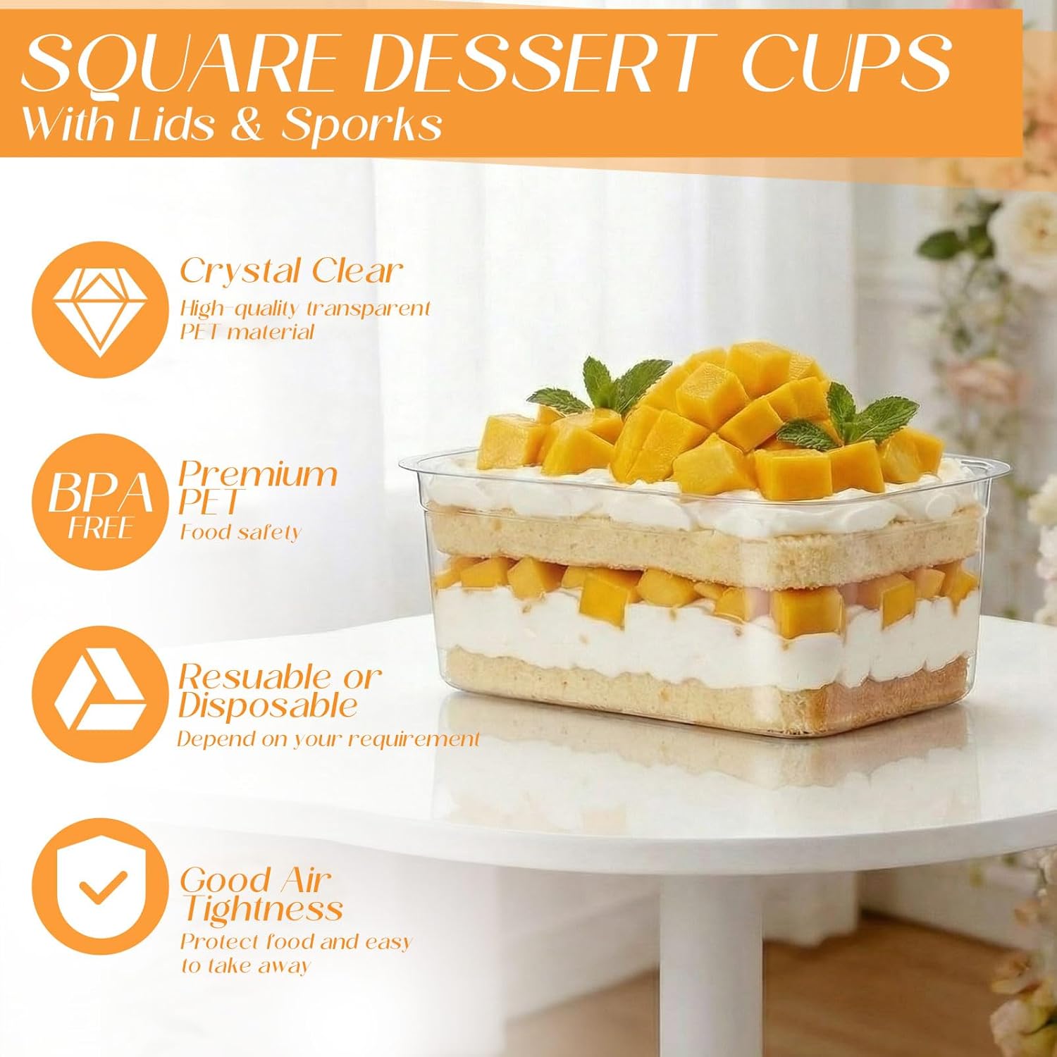 Tanlade 100 Pack 8oz Clear Dessert Cups with Lids and Sporks Rectangle Plastic Cups Disposable Parfait for Banana Pudding Appetizer Mousse Fruit Cupcakes Yogurt Oatmeal Serving - Image 3