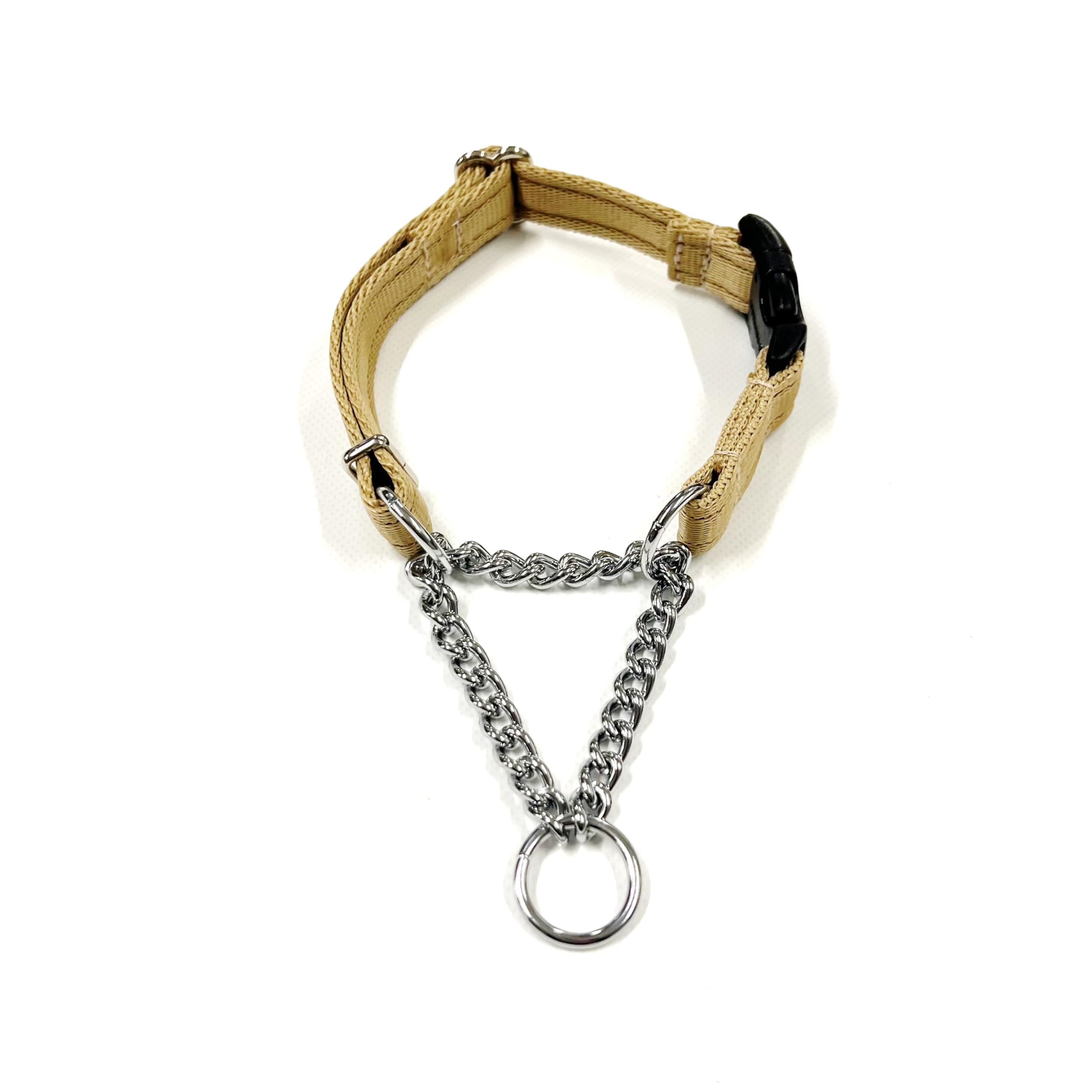 Adjustable Half Check Chain Dog Collar With Curved Side Release Buckle 20mm Wide Cushion Webbing (Beige, Large)