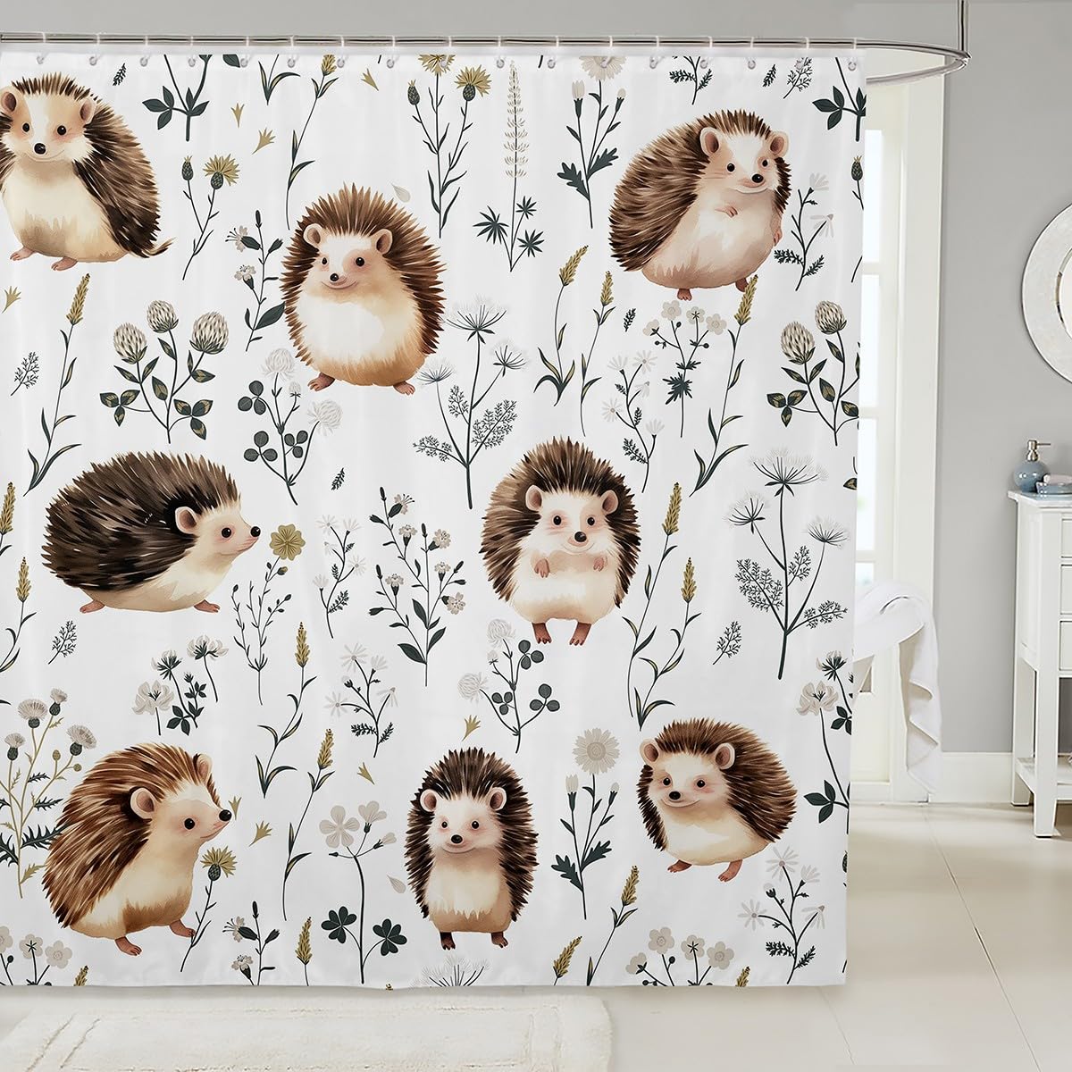 Cute Hedgehog Shower Curtain,Animal Pattern Bath Curtain Kawaii Kids Bathroom Sets Hedgehog Gifts For Girls Women Hedgehog Lovers Leaves Branch Shower