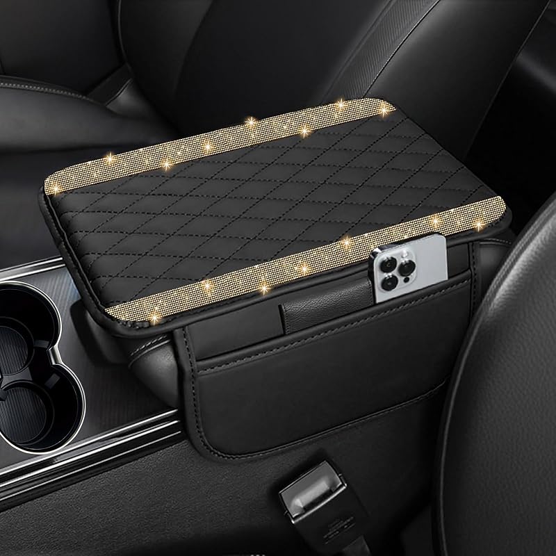 Capa para Apoio de Braço do Console Central NBTEPEM em Couro de Microfibra com Strass e Bolsos – Champagne