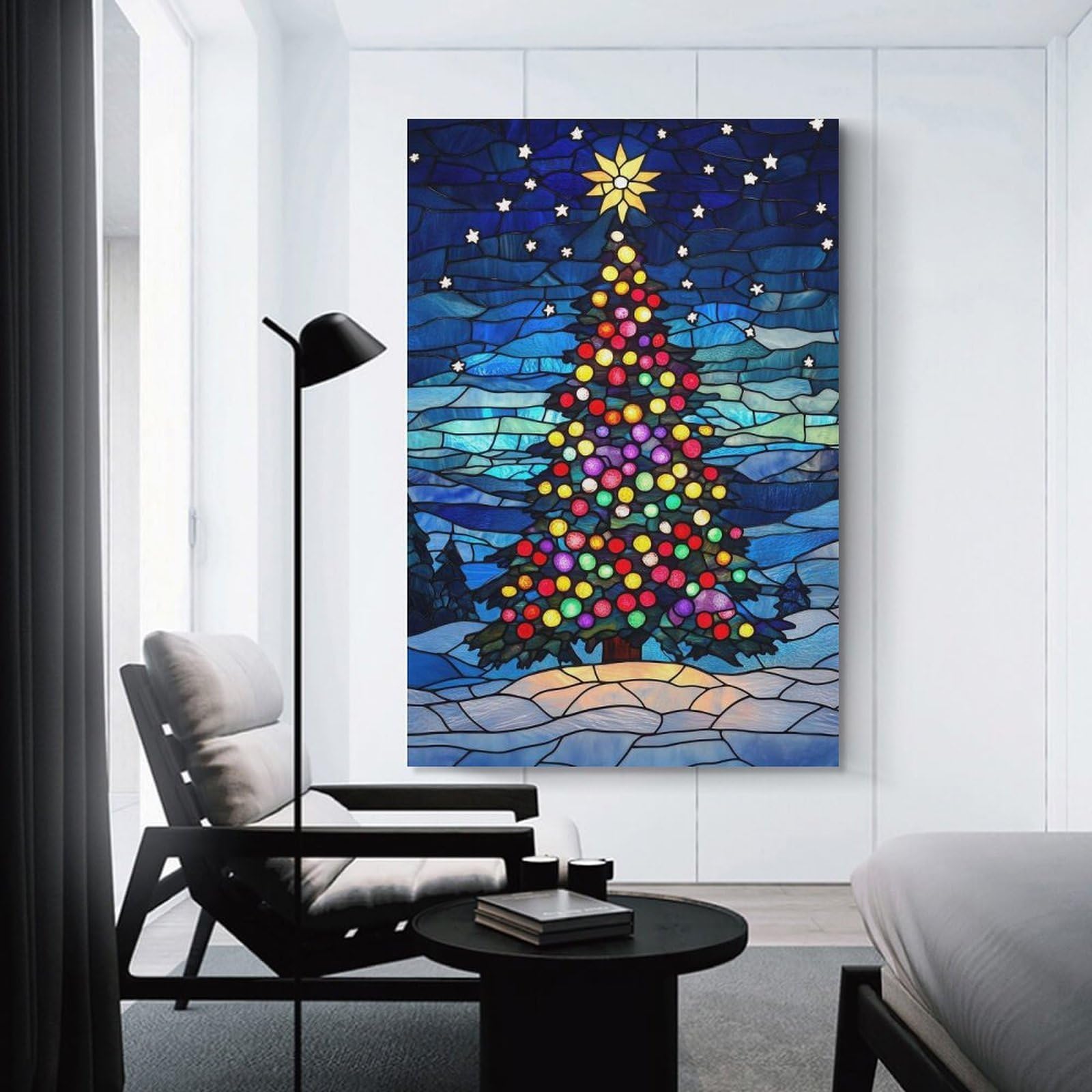 Junmoney Canvas Art Print Stained Glass Christmas Tree, 20x30inch(50x75cm), for Office, Study Or Home Workspace, Home Office Artwork with Decorative Appeal