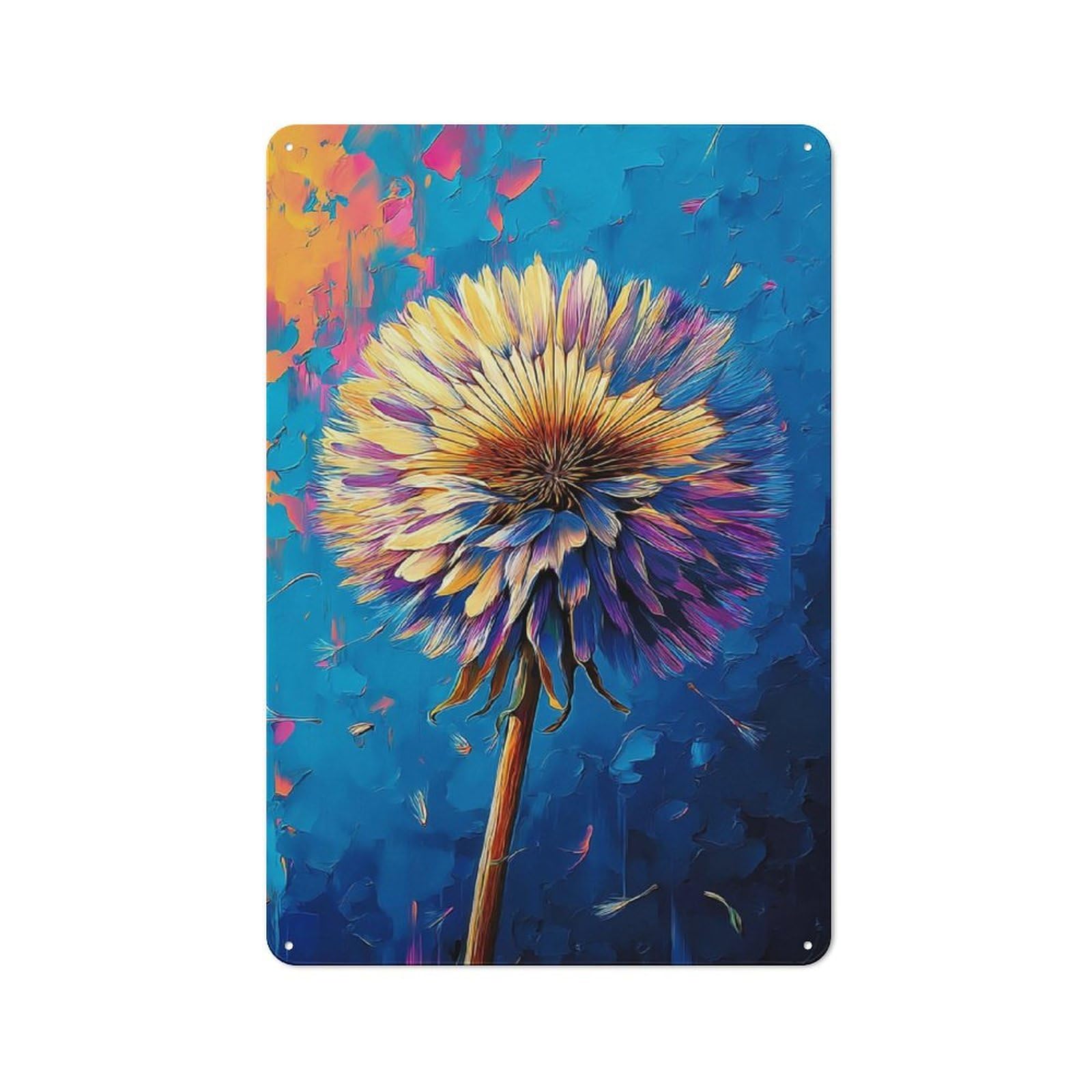 Junmoney Colorful Dandelion Painting -1 Classic Metal Wall Decor 30X20cm, Decorative Tin Plaque For Cafe, Pub, Workshop Or Home Bar