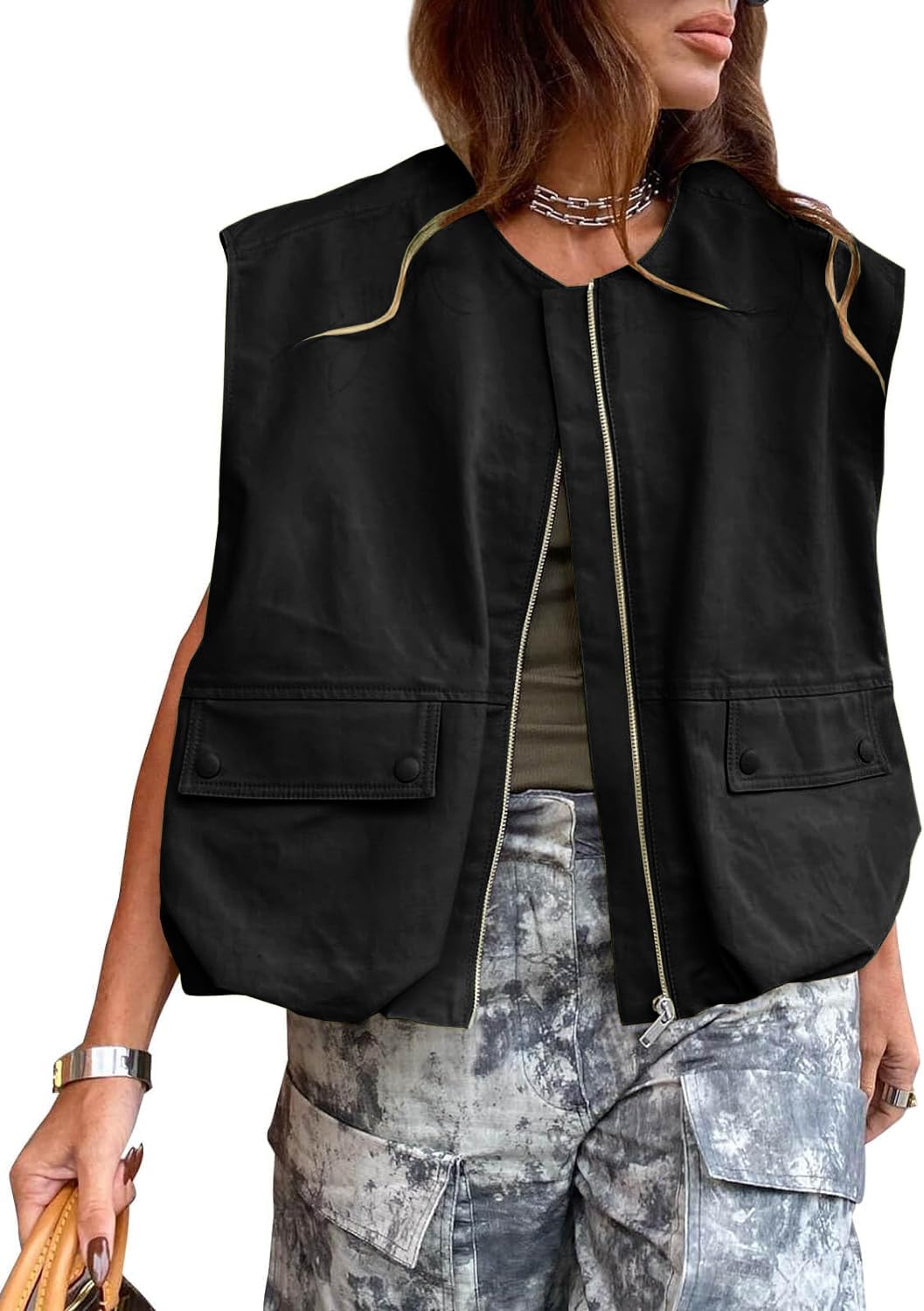 JAWINT Chaleco cargo casual con cremallera para mujer, cuello redondo, dobladillo fruncido, sin mangas, blazer