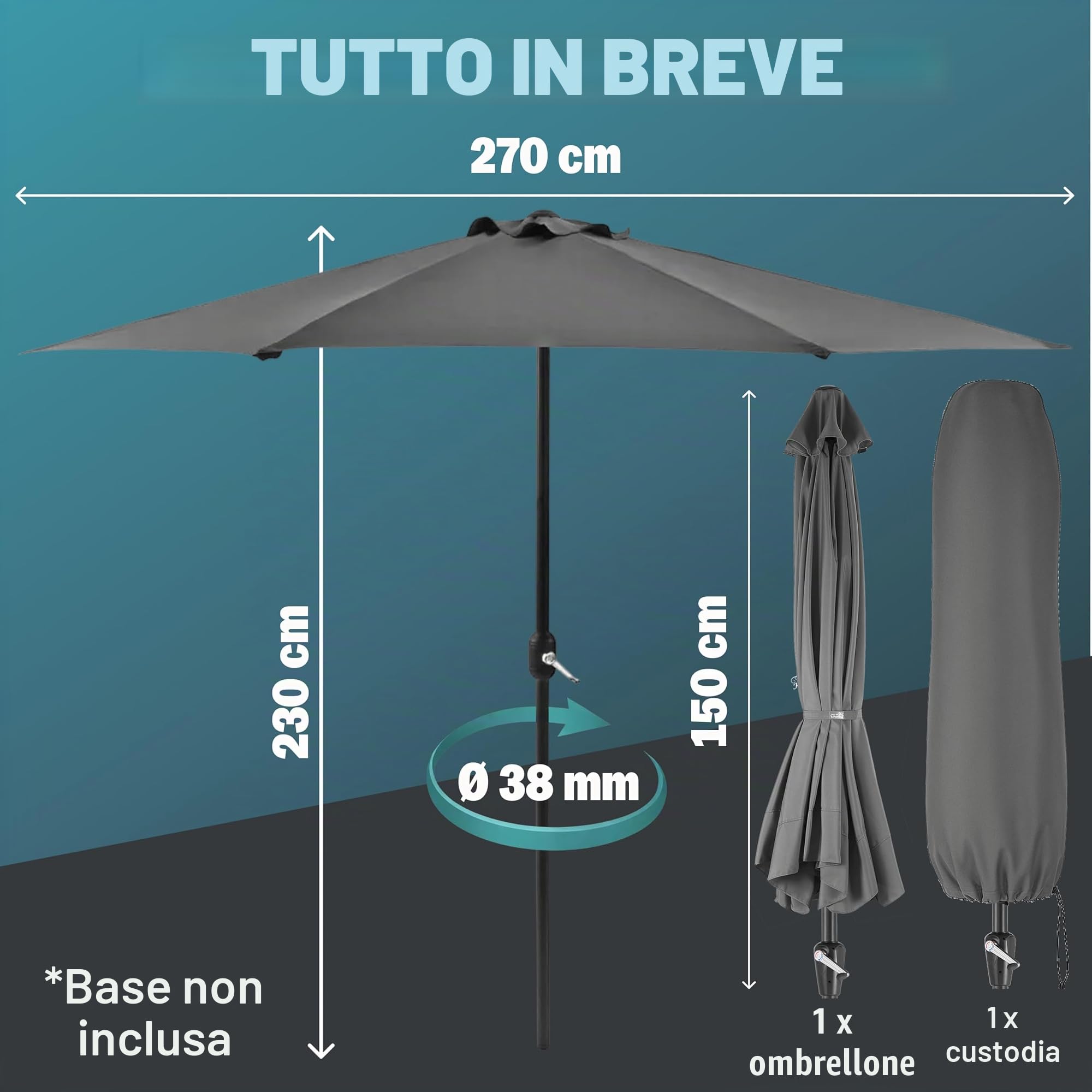 Kingsleeve Ombrellone Mezzaluna a Parete Muro Ø2,7m x 2,3m H manovella UV40+ Idrorepellente Giardino Balcone terrazza Crema