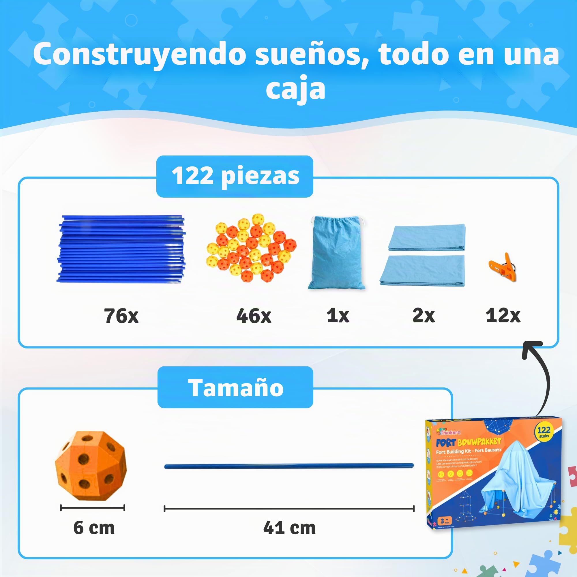 Kit de construcción fuerte XL - 122 piezas - con bolsa de almacenamiento y libro electrónico - juguete de construcción - tienda de juegos - juguete educativo STEM - construir una cabaña