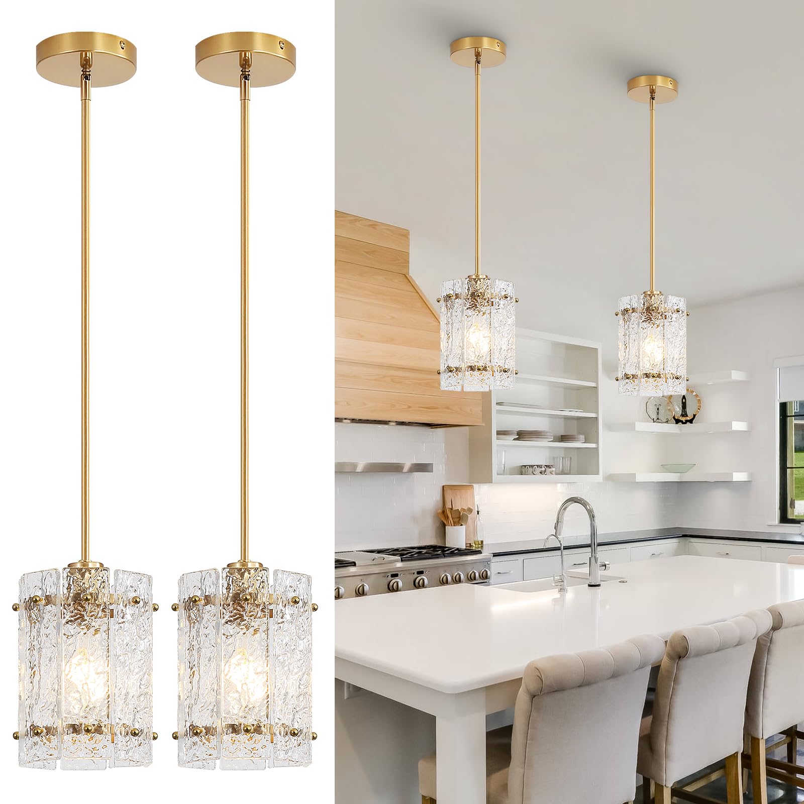 Photo 1 of RUIBOOXIN Gold Pendant Lights Kitchen Island, Water Ripple Round Pendant Lights Adjustable Modern Hanging Pendant Light Fixtures for Kitchen Island Dining Room Above Sink Foyer Entryway 2 Pack