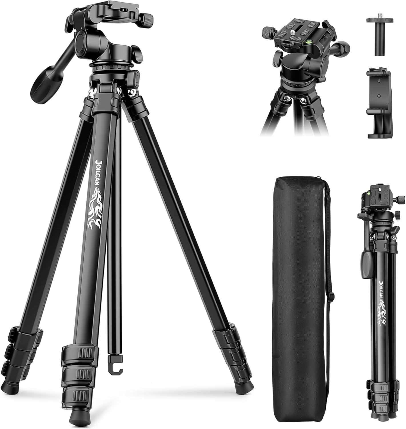 Joilcan 66" Travel Tripod for Camera, Aluminum Compact Tripod with Pan Head, Detachable Center Axis, Cell Phone Holder & Carry Bag, Max Load 22lbs for Camera DSLR Camcorders Spotting Scope iPhone