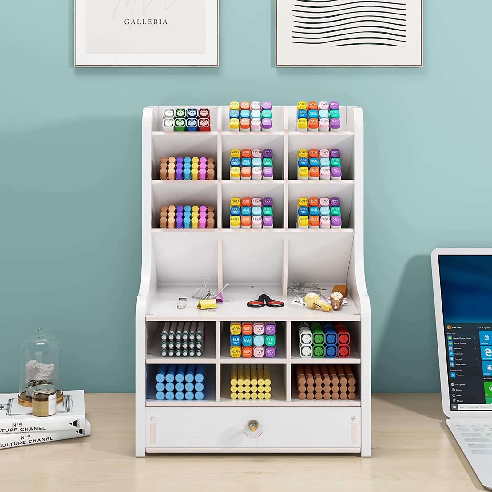 Mnkyer Organizzatore da Scrivania in Legno Scatola di Penne da Scrivania Multifunzione per Desktop in Casa Forniture per Ufficio Scolastico con Cassetto (Bianco-b16)