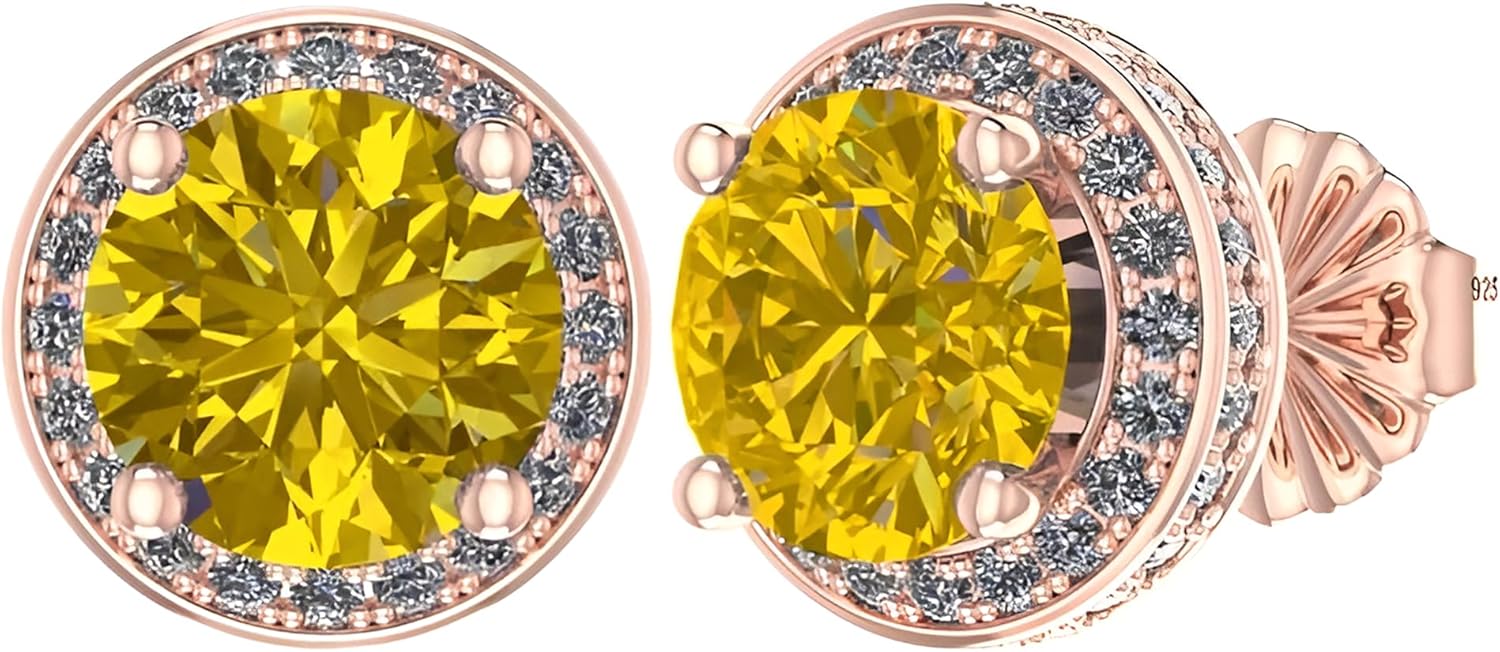 Round Halo Birthstone Stud Earrings 6.5mm Sterling Silver Pure Brilliance Zirconia & Simulated Gemstones