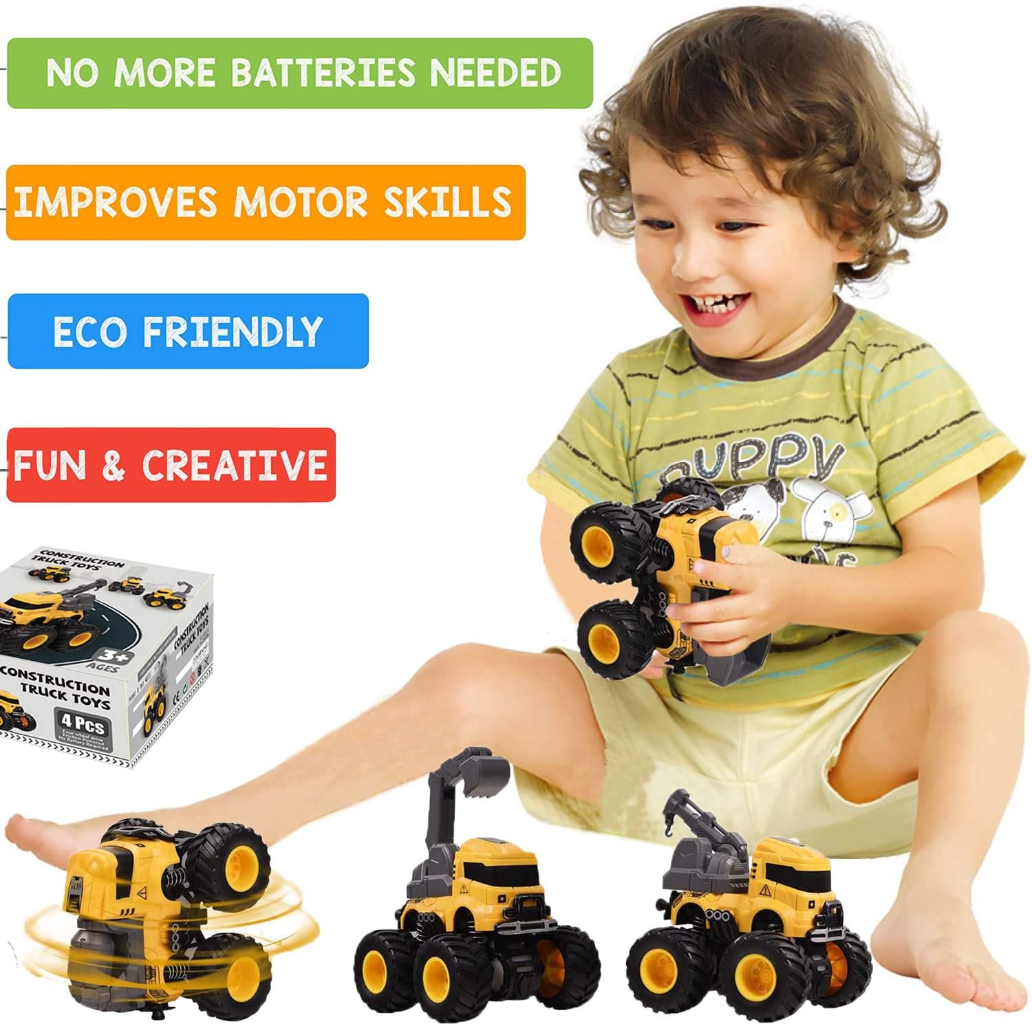 Construction Truck Toys, 4 Pack Push & Go Engineering Vehicles with Excavator Dump Crane Mixer Pull Back Car Toys for Kids Birthday Christmas Party Supplies Gifts for 3 4 5 6 7 8 Years Old Boys Girls