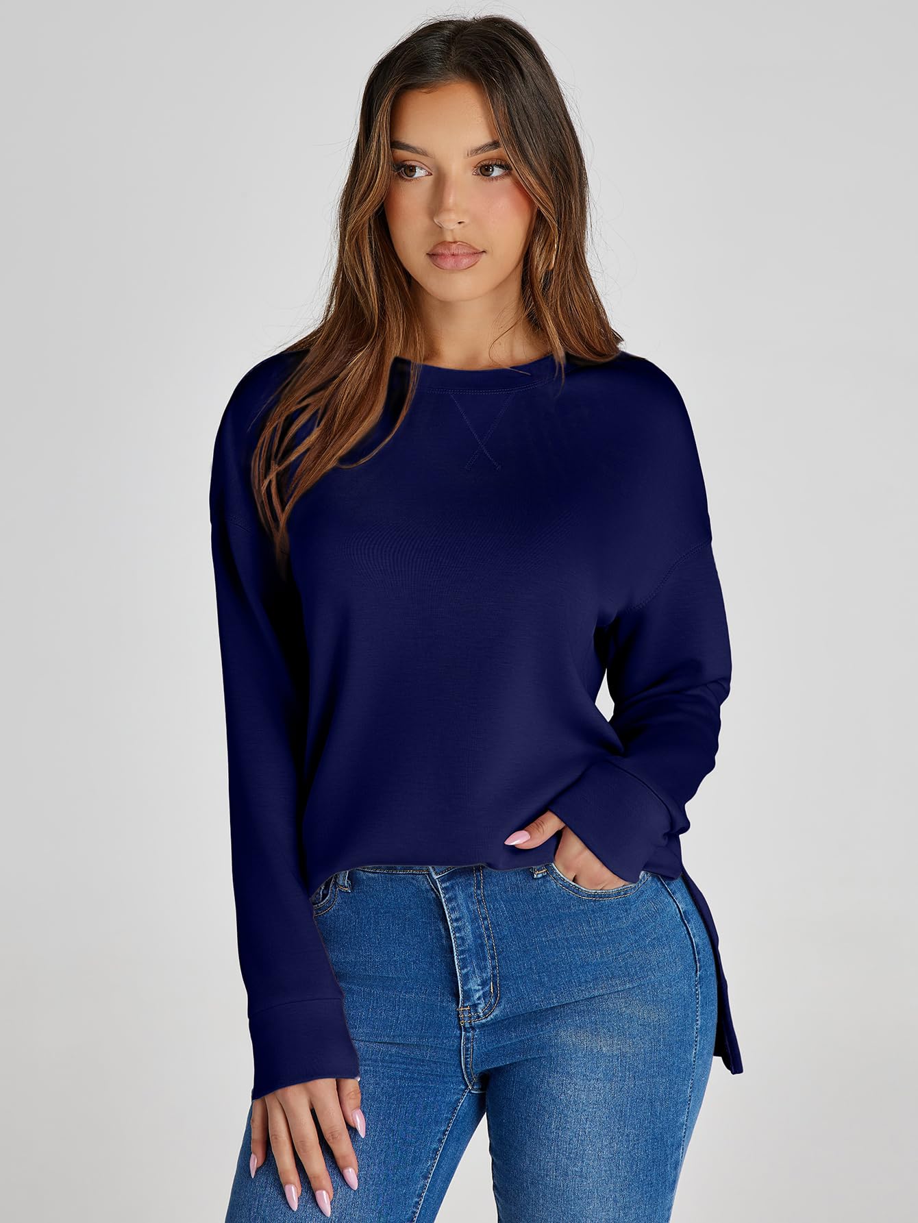 Glamaker Sweat-shirt à manches longues et col rond pour femme Air Essentials doux et ample