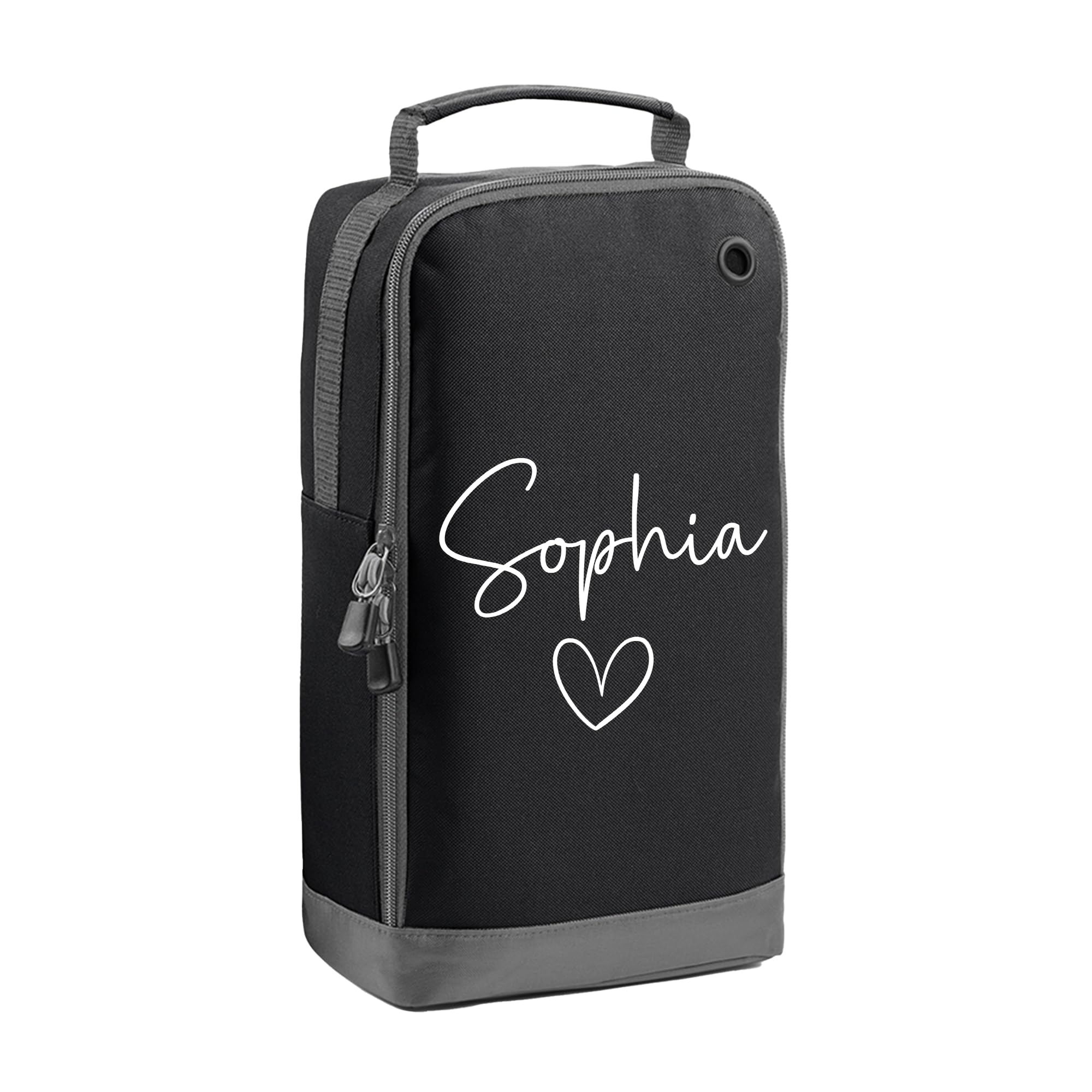 Personalised Kids Boot Bag with Custom Name - Name Heart Design - Black Shoe Bag for PE & School