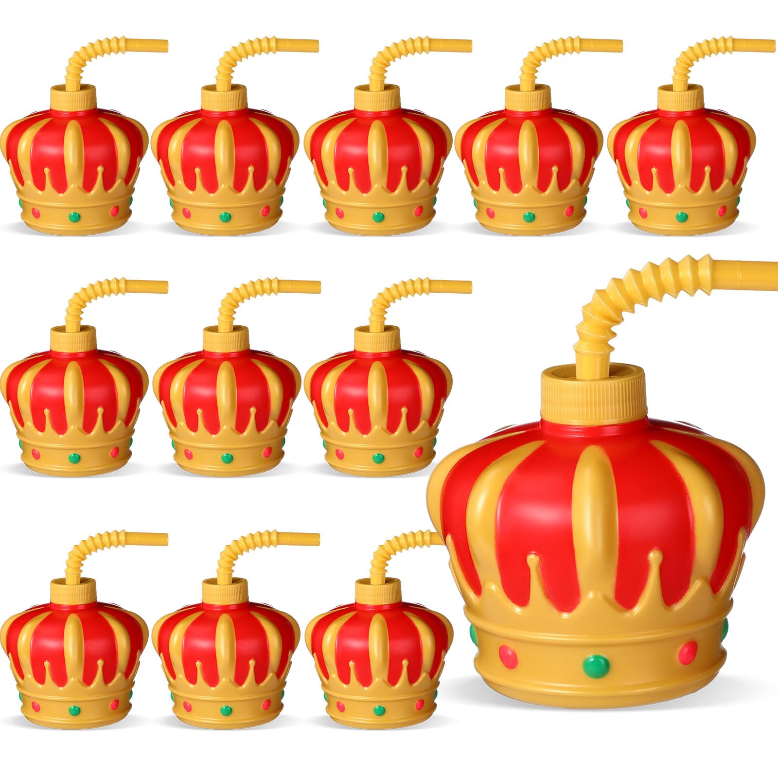 Sratte 12 Pcs Gold Crown Drinking Cups with Straws and Lids, 10 oz Medieval Birthday Party Decorations Plastic Cups for Kids King Prince Knight Theme Party Supplies