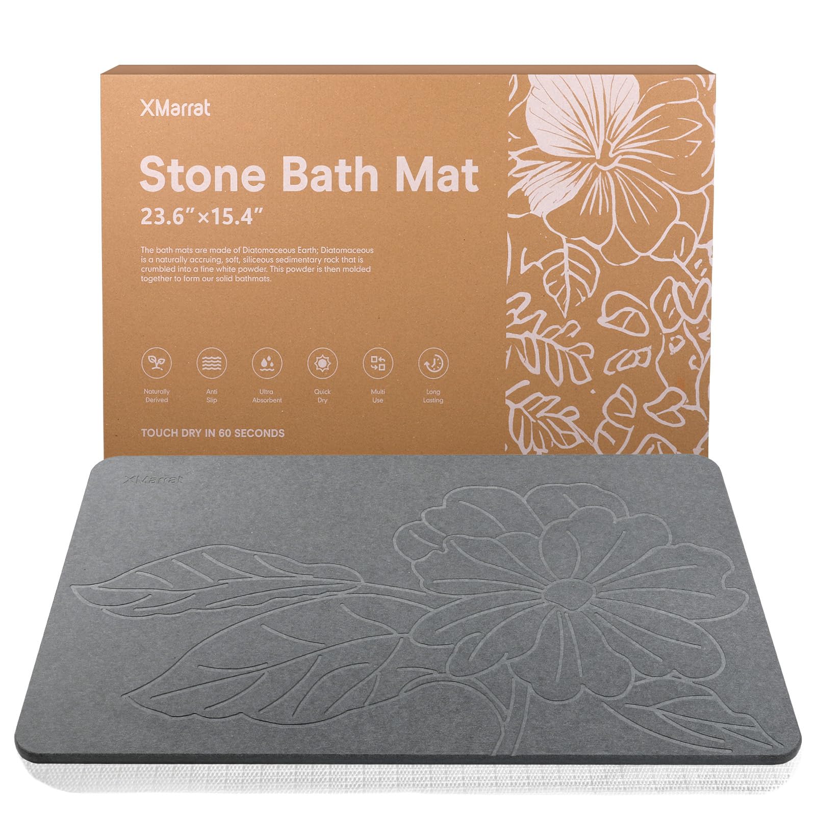 Stone Bath Mat Large, 23.6'' x 15.4'' Diatomaceous Earth Non-Slip Stone Shower Mat, Super Absorbent Diatomite Stone Mats for Bathroom, Quick Drying, Easy to Clean (Dark Gray)