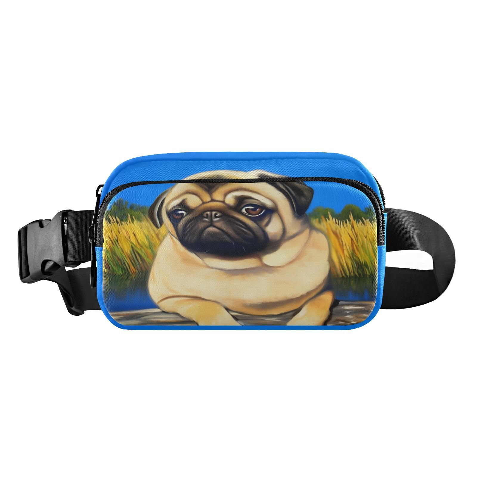 CEBUGI Hiking Mini Waist Packs for Men Women,Cute Pug Dog Sitting Fashion Water Resistant Fanny Packs with Adjustable Belt for Workout Traveling