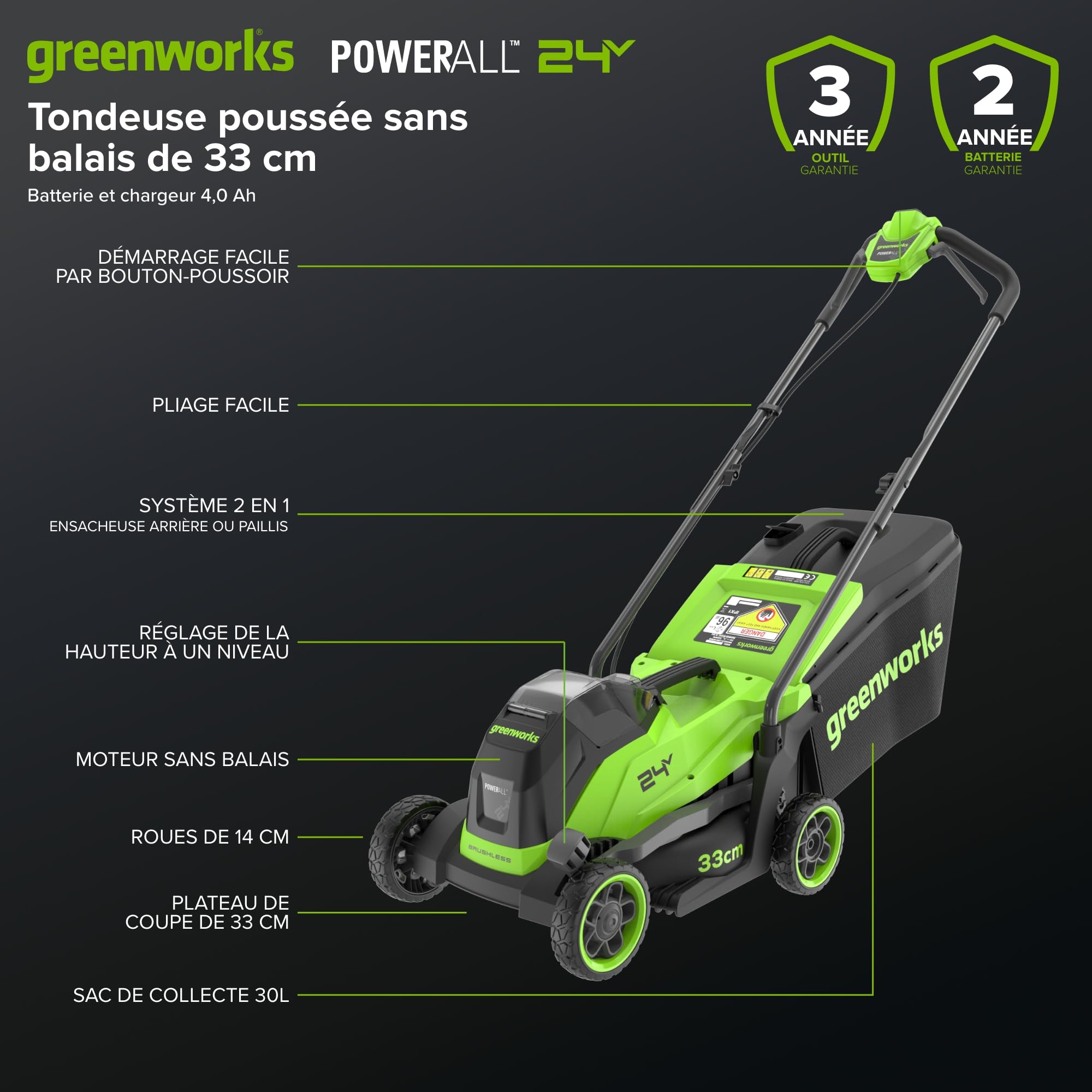Greenworks 24V Tondeuse Gazon sans Fil avec Moteur sans Brosse, Largeur de Coupe 33 cm, Sac de 30L,Tondeuse Electrique Gazon Inclus Batterie 24V 4Ah et Chargeur, Garantie 3 Ans-MO24L411-01