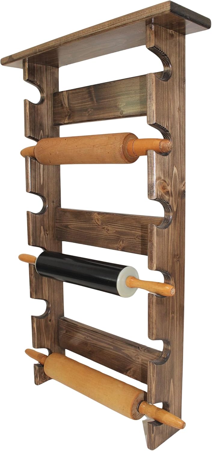 Wooden Rolling Pin Rack with Shelf | Holds 6 Rolling Pins | Rustic Farmhouse Kitchen Wall Organizer | Pine Wood Provincial Stain