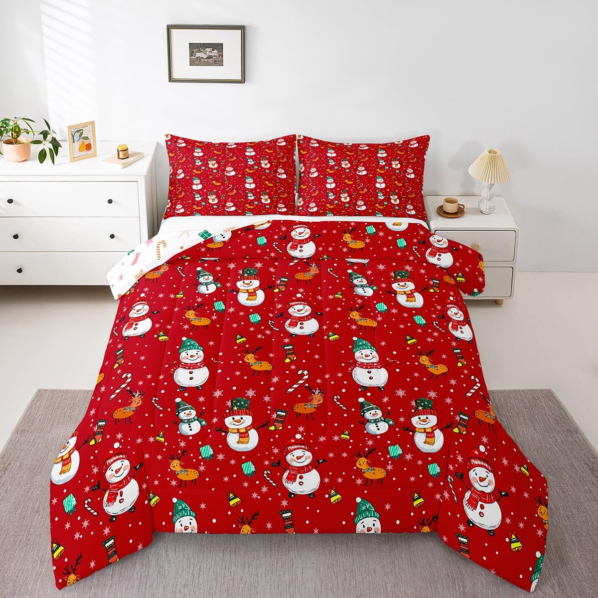 Erosebridal Merry Christmas Comforter Set, Snowman Kawaii Bedding Set Twin for Kids Boys Girls Bedroom, Xmas Deer Snowflake Duvet Sets Cartoon