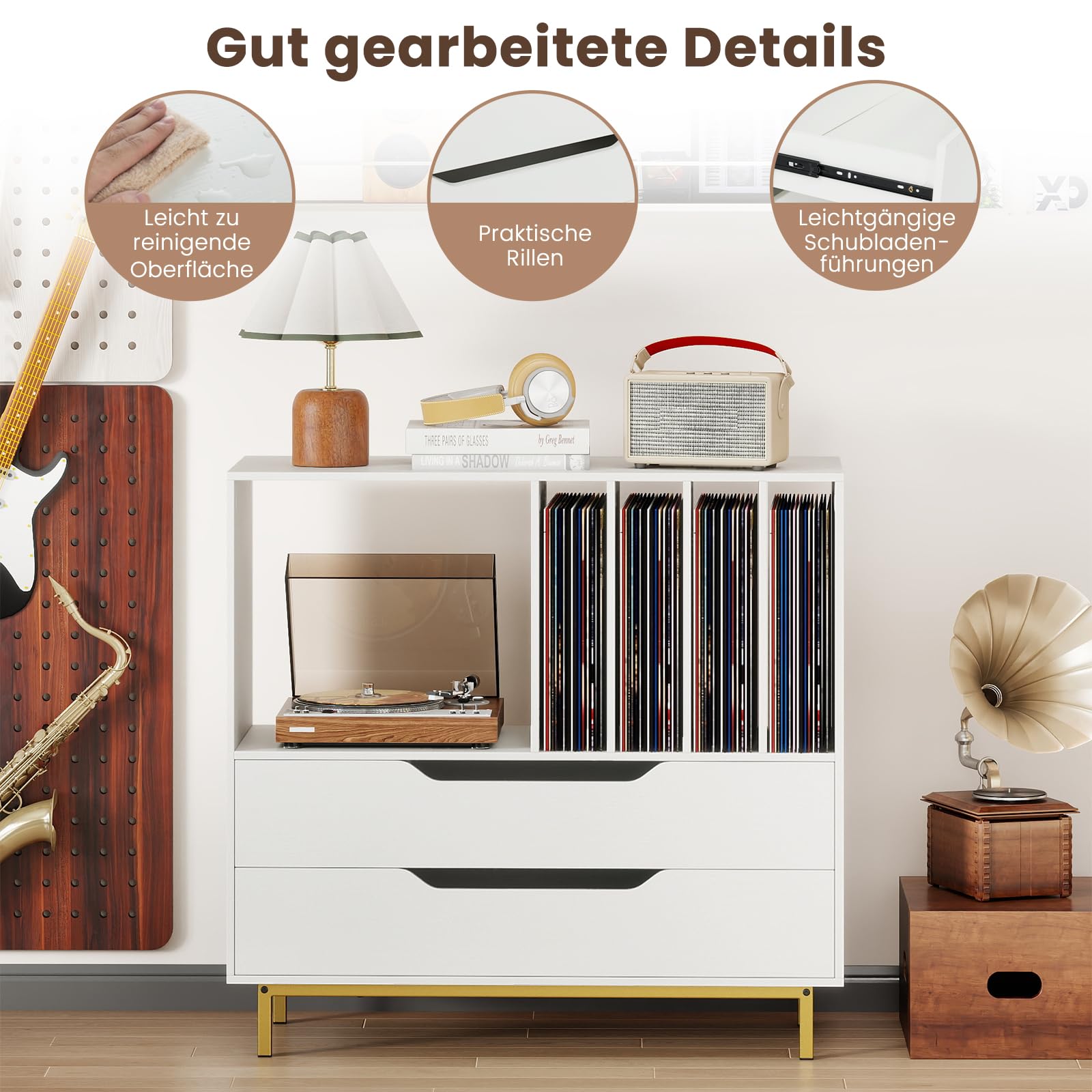 COSTWAY Plattenspielerständer, Mittelalter Plattenspielertisch mit offenem Fach, 4 Vinyl-Fächern & 2 Schubladen, Schallplattenschrank mit Vinylaufbewahrung für Wohnzimmer & Schlafzimmer (Weiß)