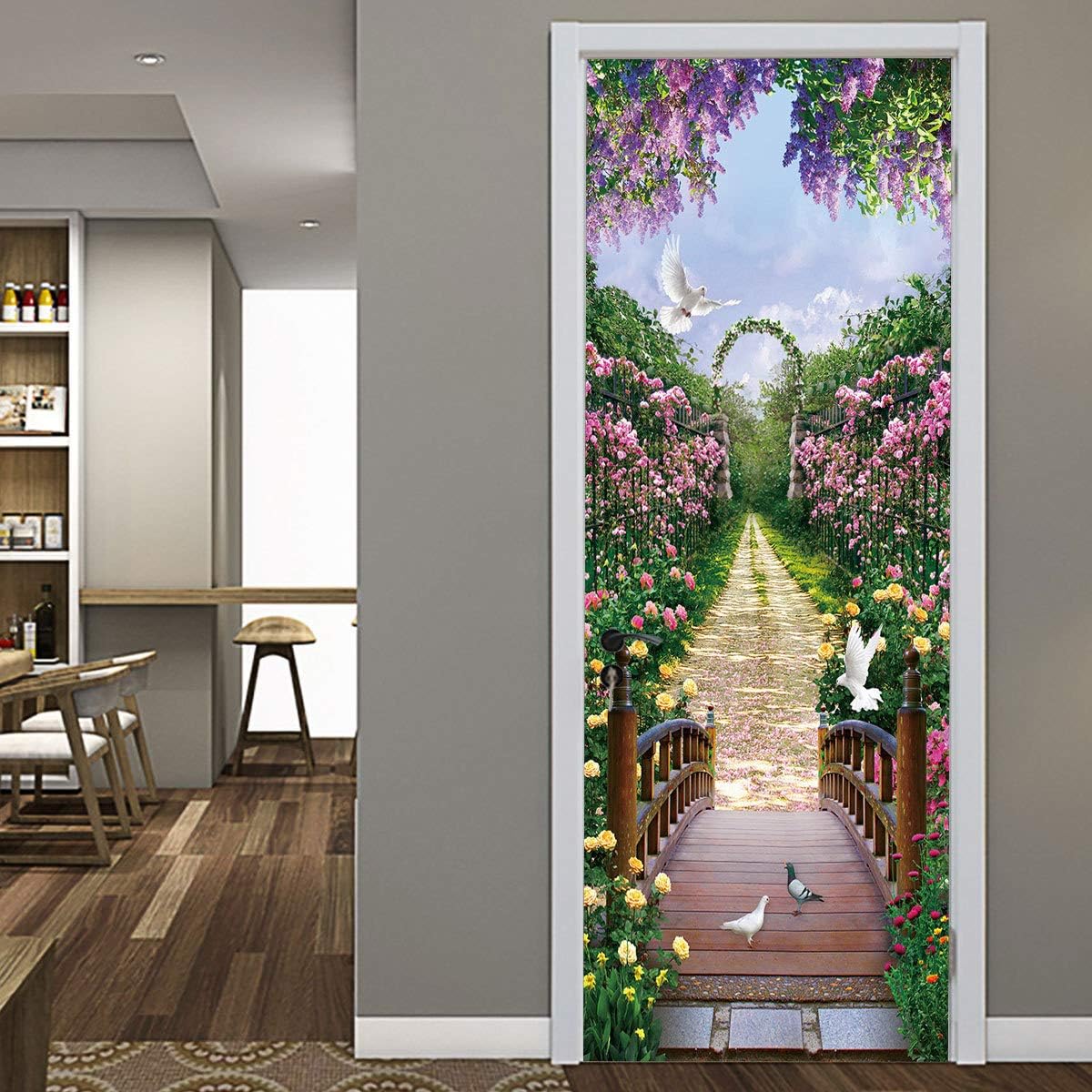 3D Garden Flowers Self-Adhesive Door Wallpaper Murals Wall Stickers Peel and Stick Door Poster for Home Decoration Vinyl Removable Art Decal 30.3" x78.7