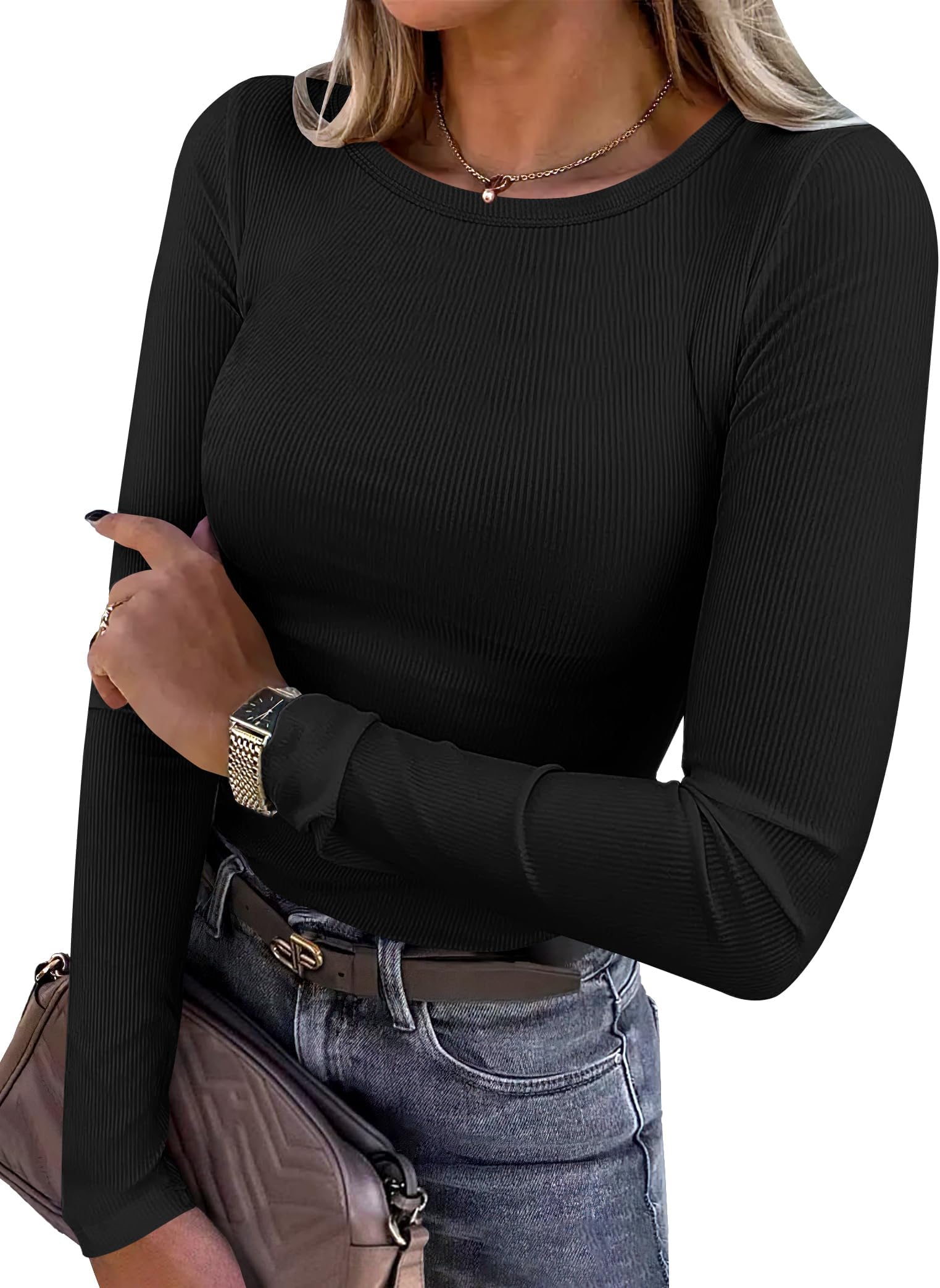 Women Long Sleeve Shirts Rib Knit Slim Fit Tops Basic Tee 2025 Fall Outfits Casual T-Shirt Underscrubs Layer Clothes