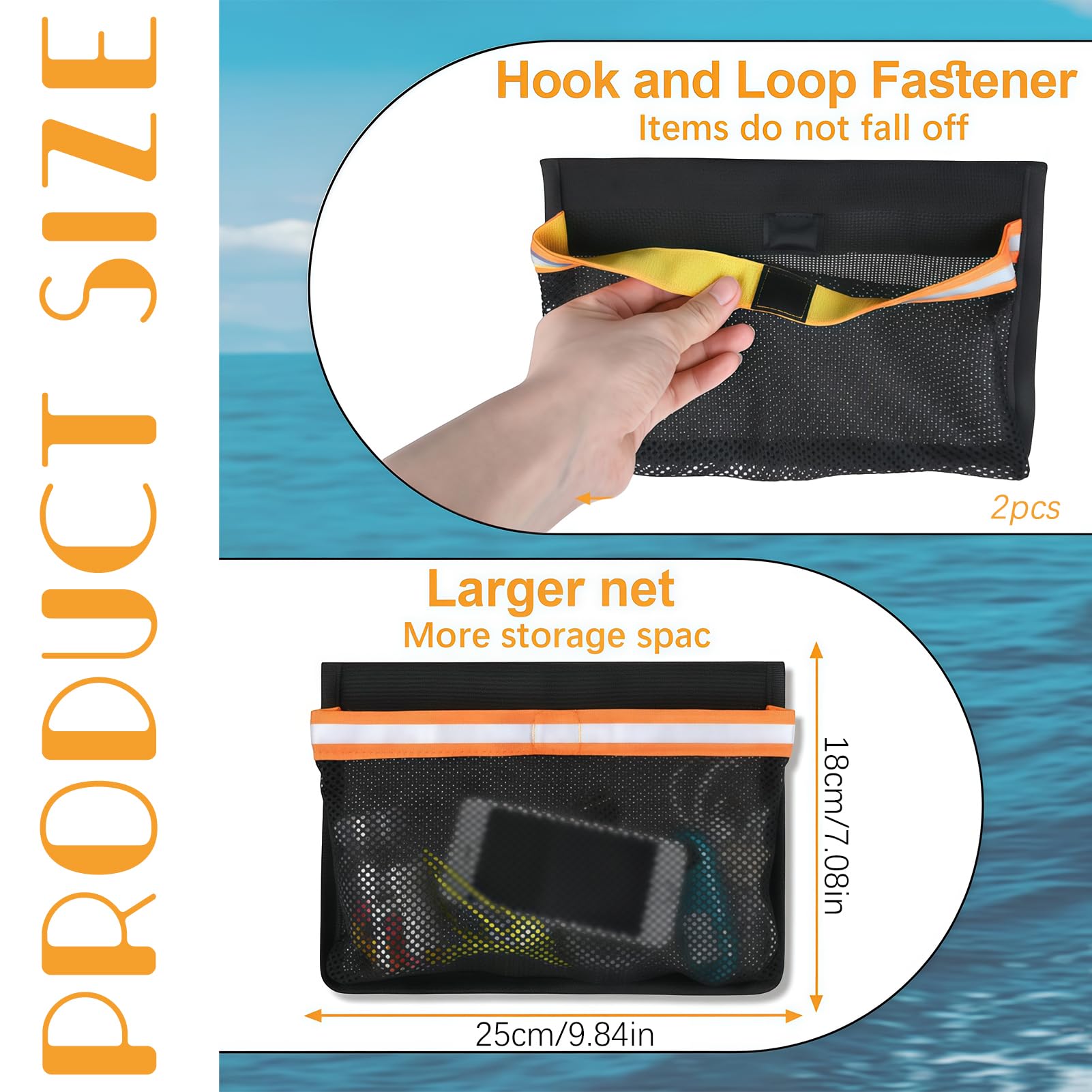 2 Borsa Portaoggetti per Barche da 7.09 x 9.84 Pollici, Borse Autoadesive per Riporre Le Barche con Gancio e Anello di Sicurezza, Rete A Maglie Anti-Perdita per Guanti, Attrezzi