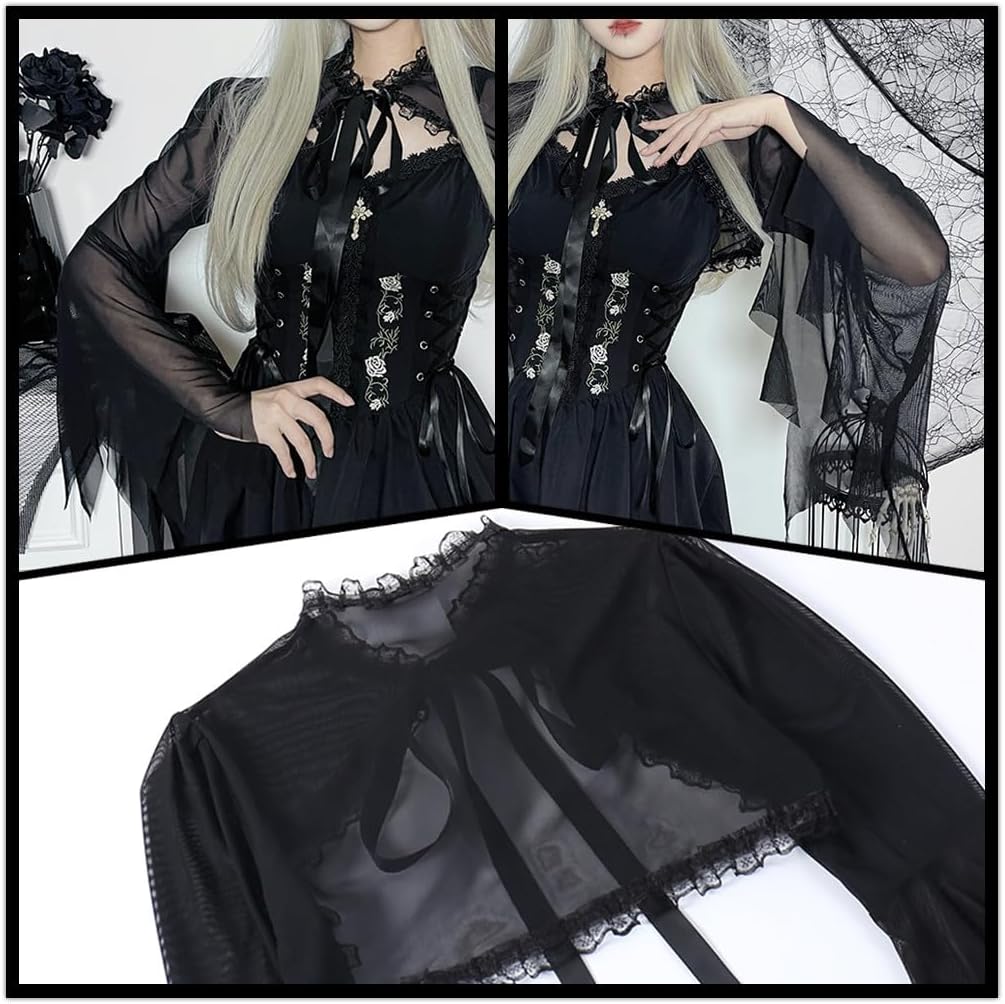 Women Goth Shrug Crop Top Lace Sheer Mesh Black Gothic Punk Fishnet Cover Up Long Sleeve Shawl Shrug Cardigan Witch Cosplay - Image 4