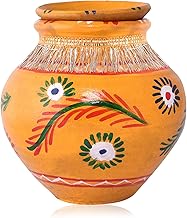 Decorative Clay Kalash for Pooja, Orange Hand-Painted with Floral Design, Traditional Indian Matka