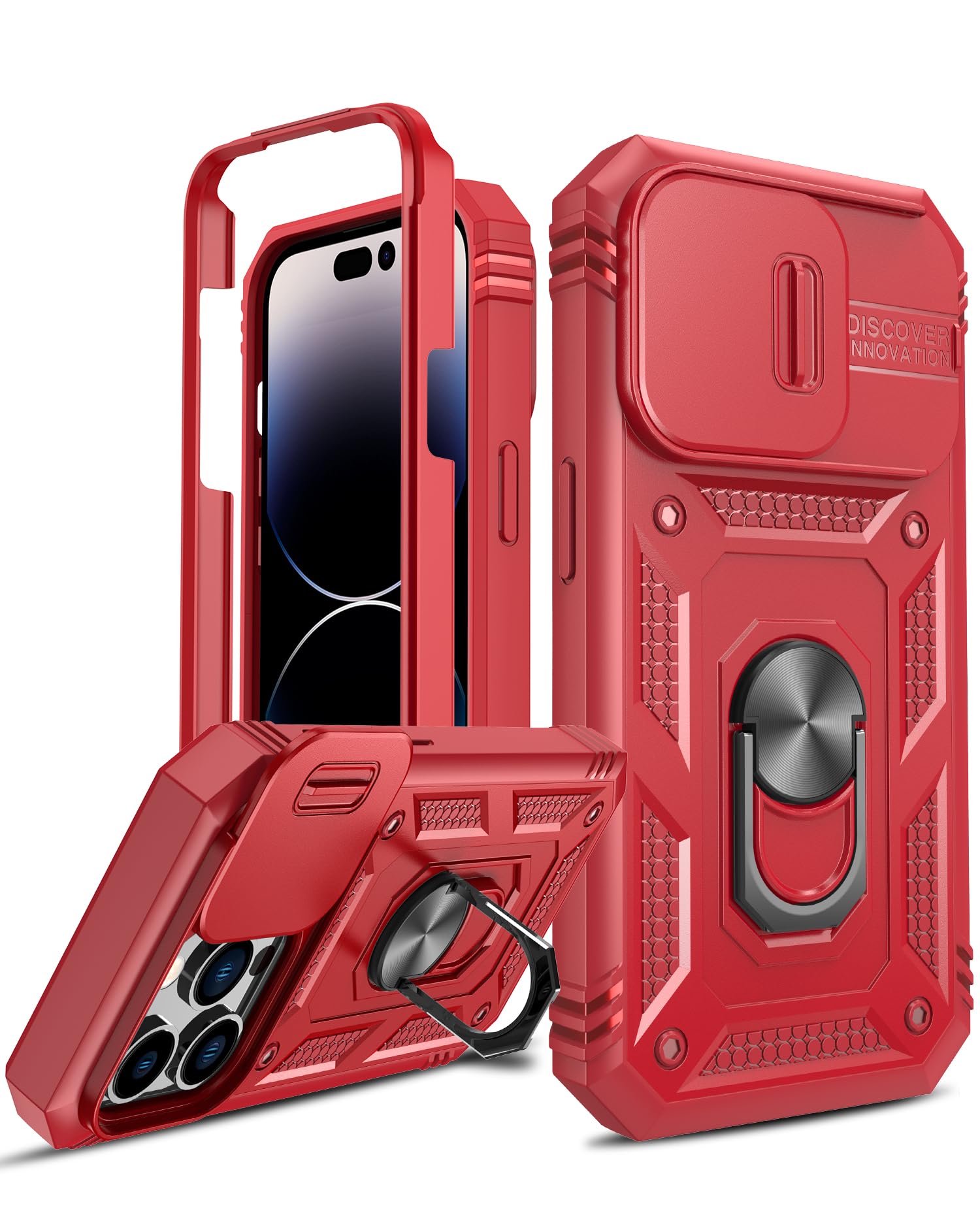 LeYifor iPhone 15 Pro Max Case with Camera Cover Slider(Not include Screen Protector), Front Frame+Back Case, Full Body Armour Military Grade Shockproof Phone Cover | Ring Stand Holder Red