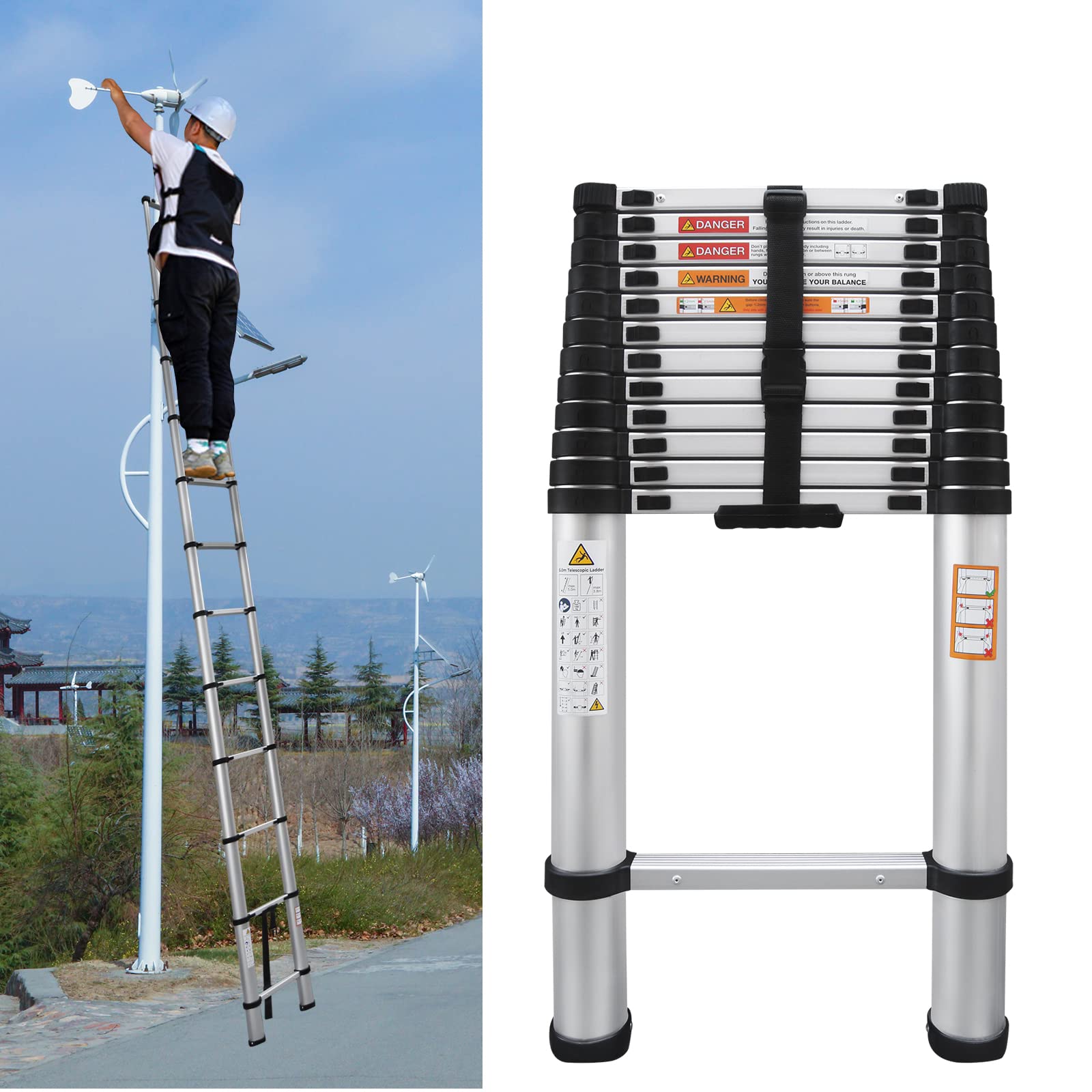 Telescopic Ladder 10.5FT, Aluminum Telescoping Ladder, Portable Loft Ladder for Home Outdoors, 330LB Capacity, EN131