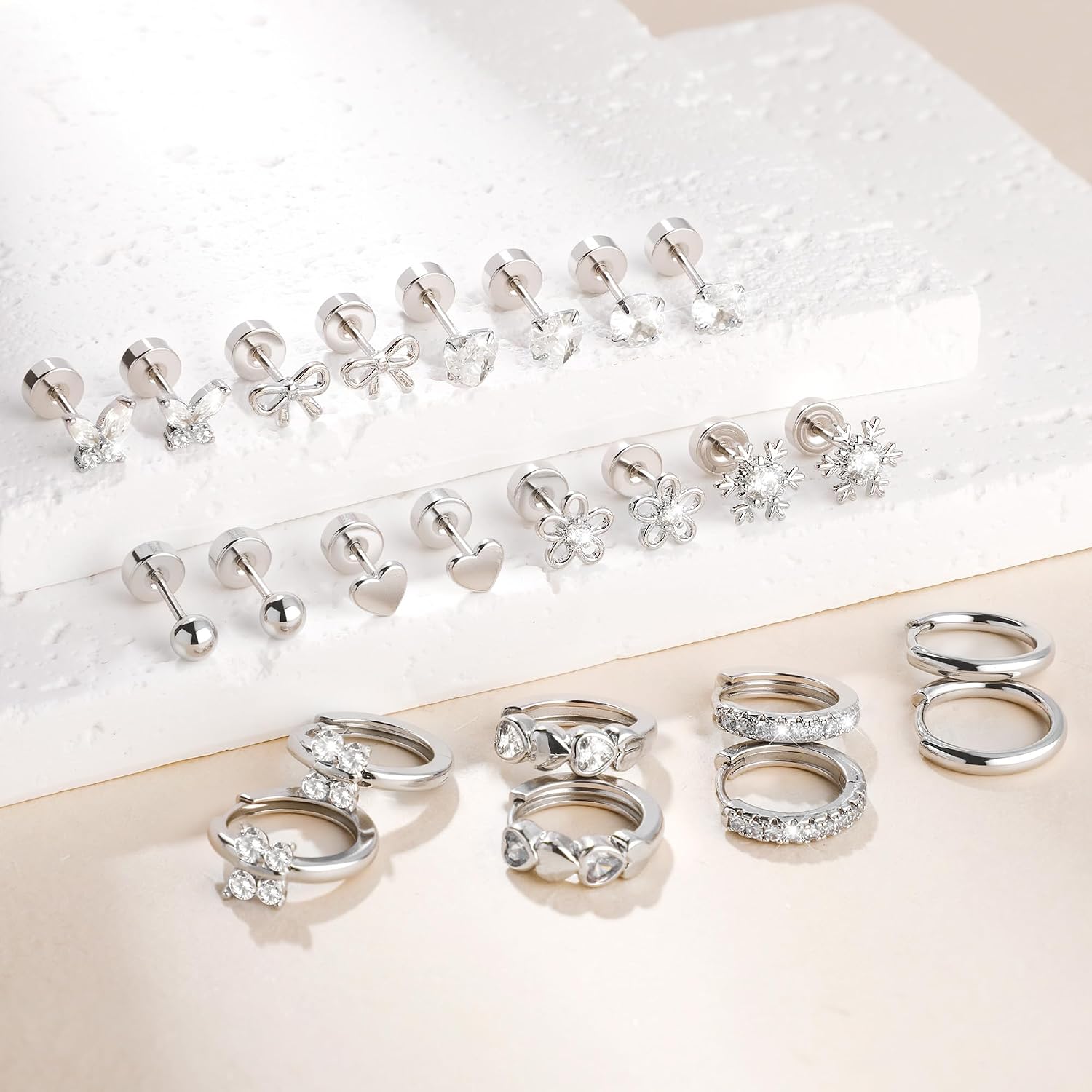 Hypoallergenic 14K Gold Stud Earrings Set for Women Surgical Stainless Steel Flat back Earrings Small Gold Huggie Hoop Earring for Sensitive Ears Screw Back Cartilage Piercing Jewelry