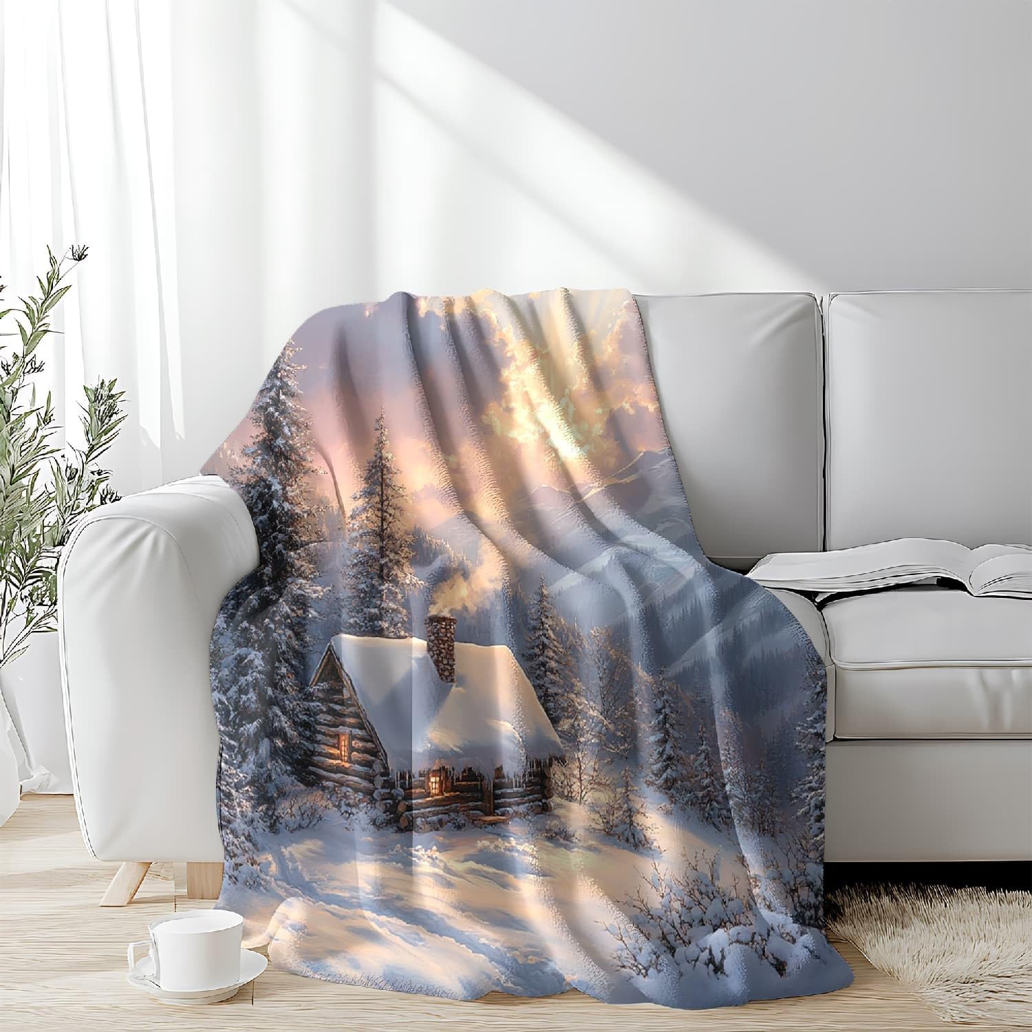 Paysage de Chalet de Montagne Enneigé Plaid Couverture Polaire Flanelle Jeté de Canapé 180x220 cm, Champ de Neige Blanche Couverture Plaid Doux en Peluche pour 2 Personnes Lit, Canapé, Camping
