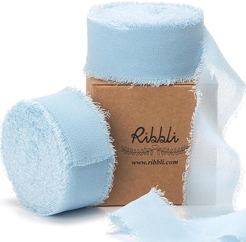 Ribbli Cinta de gasa azul bebé de 1 pulgada x 20 yardas hecha a mano con flecos de seda, cinta azul para envolver regalos, invitaciones de boda,