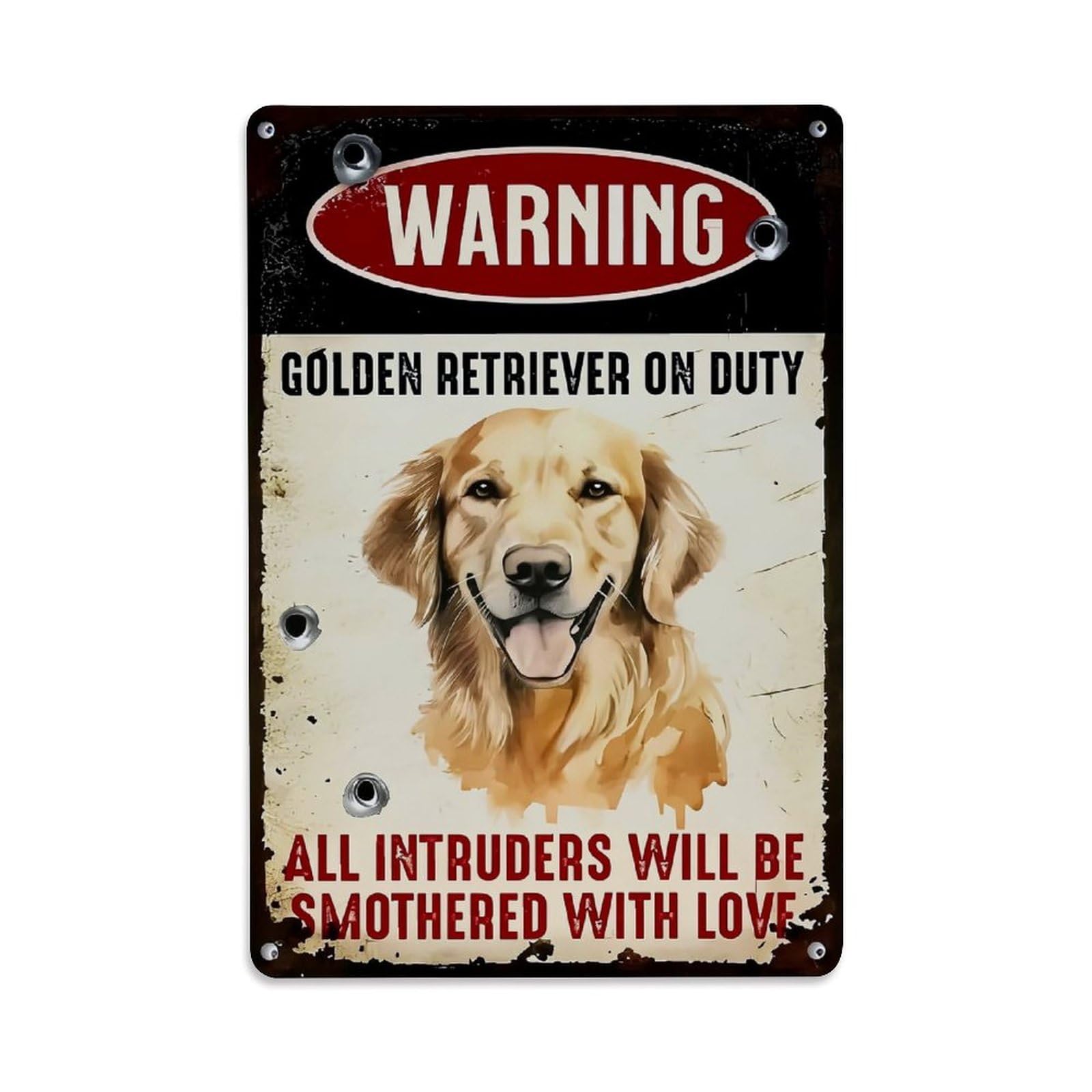 Jdfenggu Vintage Warning Golden Retriever On Duty Retro Metal Tin Sign, Decor Art Poster For Bar, Home, Man Cave, Kitchen, Laundry Room Gift 8X12inch